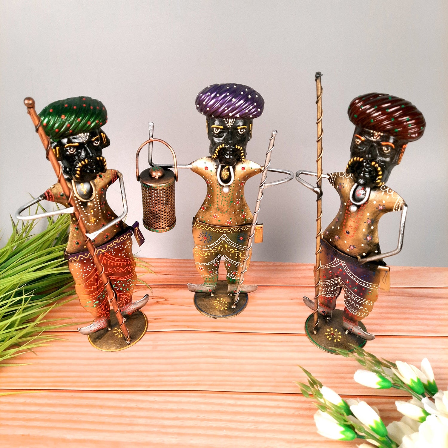 Darbaan Showpiece | Village Men Holding Stick & Lantern Figurines | Handicraft Show Pieces - For Home, Table, Living Room, TV Unit Decor | Housewarming & Festivals Gifts - 14 Inch (Set of 3) - Apkamart