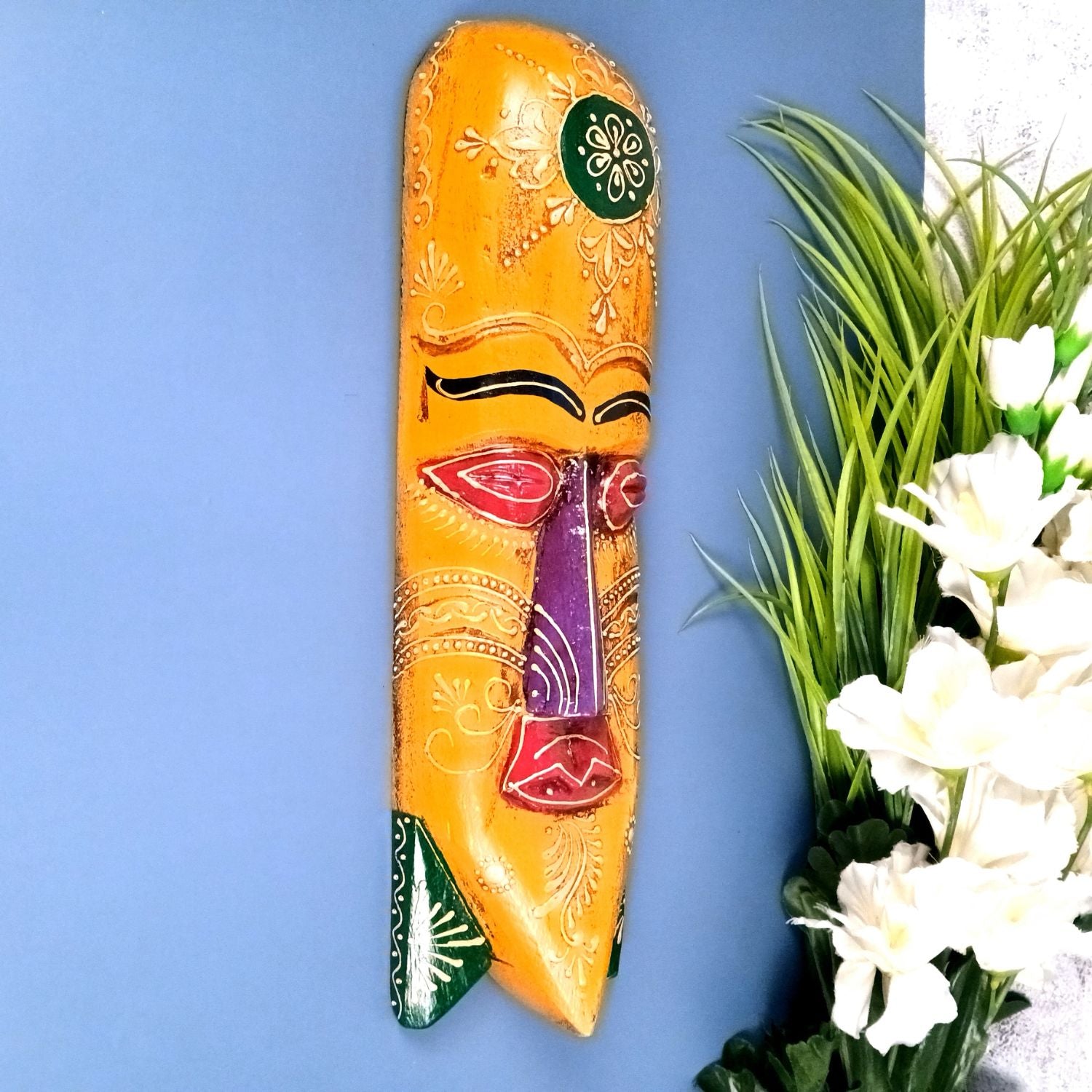 Wooden Wall Hanging Mask Showpiece | Decorative Mask for Home Wall Decor | Handcrafted Wooden Art | Premium Ethnic Showpiece for Living Room - 15 Inch - Apkamart