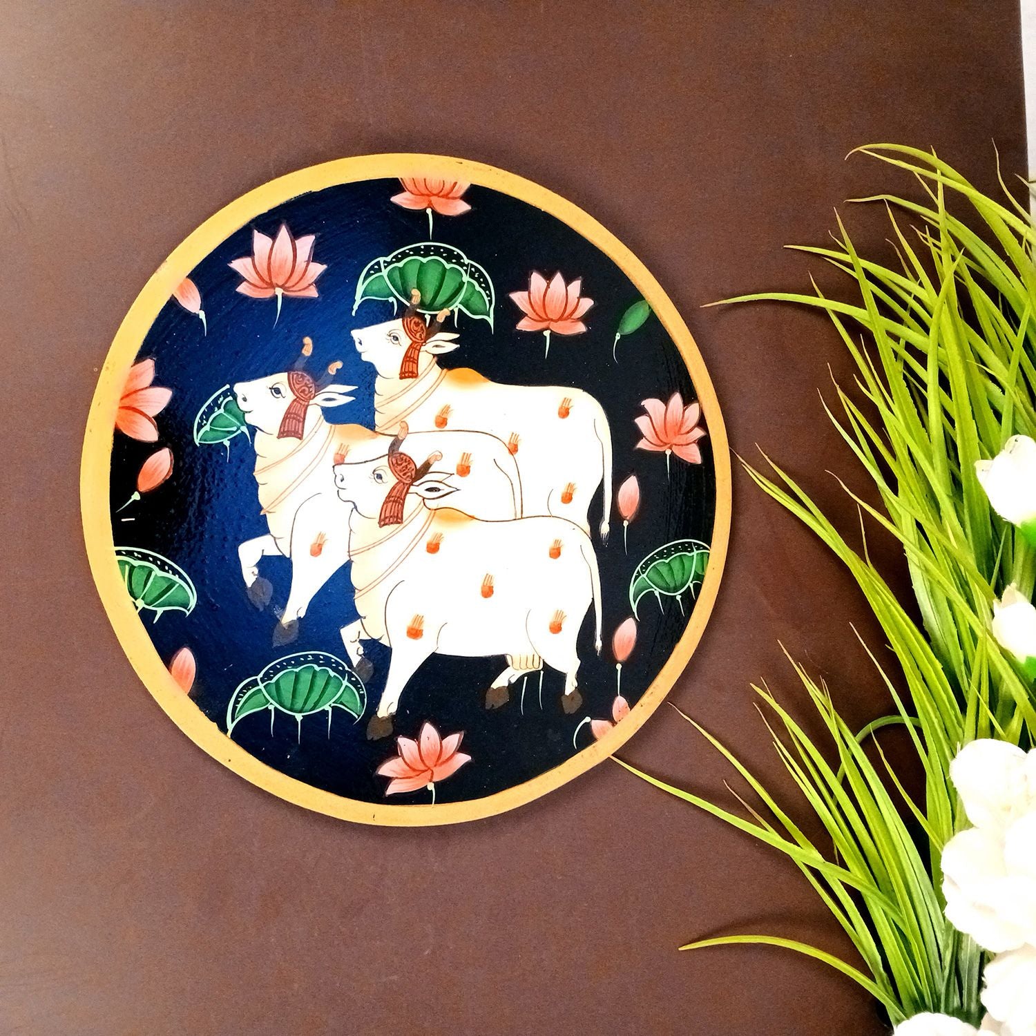 Wall Plate | Wooden Wall Hanging Plates - Pichwai Cow Wall Art - For Home Decor, Living Room, Bedroom | Gift for Wedding, Housewarming, Festivals - 10 Inch - Apkamart #Colour_Black