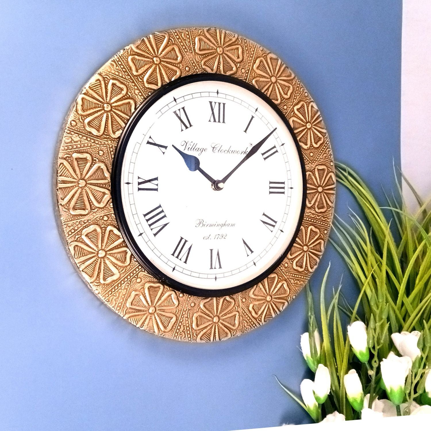 Wall Clock Vintage for Living Room | Wall Mount Clock With Antique Brass Work - For Home, Office, Bedroom, Hall Decoration | Festival Gifts & Wall Decor - 12 Inch - Apkamart