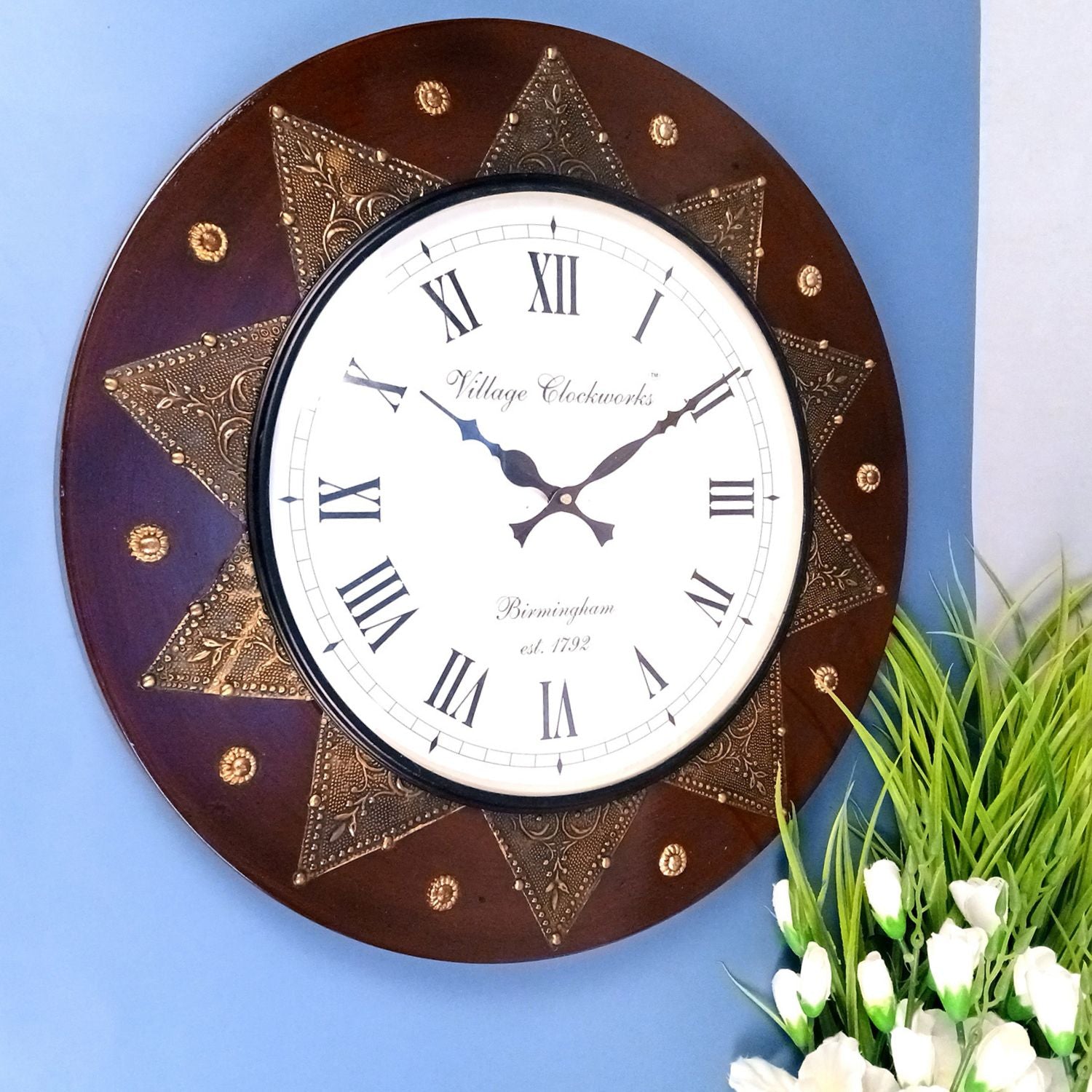Wall Clock Wooden | Wall Mount Analogue Clock With Premium Wood Finish & Brass Work - For Home, Living Room, Bedroom, Hall Decor | Wedding & Housewarming Gift - 18 Inch - Apkamart #Style_Design 1