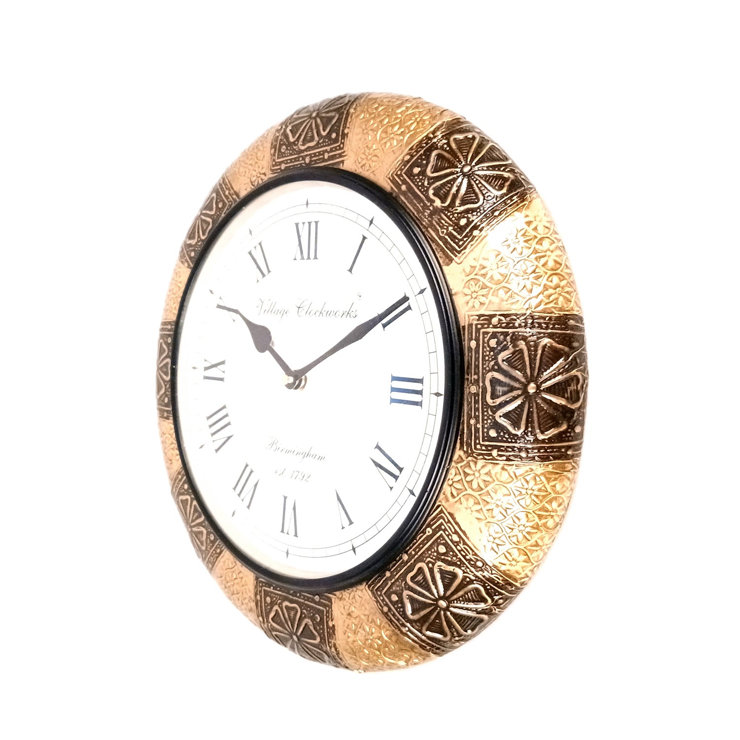 Wall Clock Wooden | Hanging Analogue Clock With Antique Brass Work - For Home, Living Room, Bedroom, Office & Hall Decoration | Wedding & Housewarming Gift - 12 Inch - Apkamart