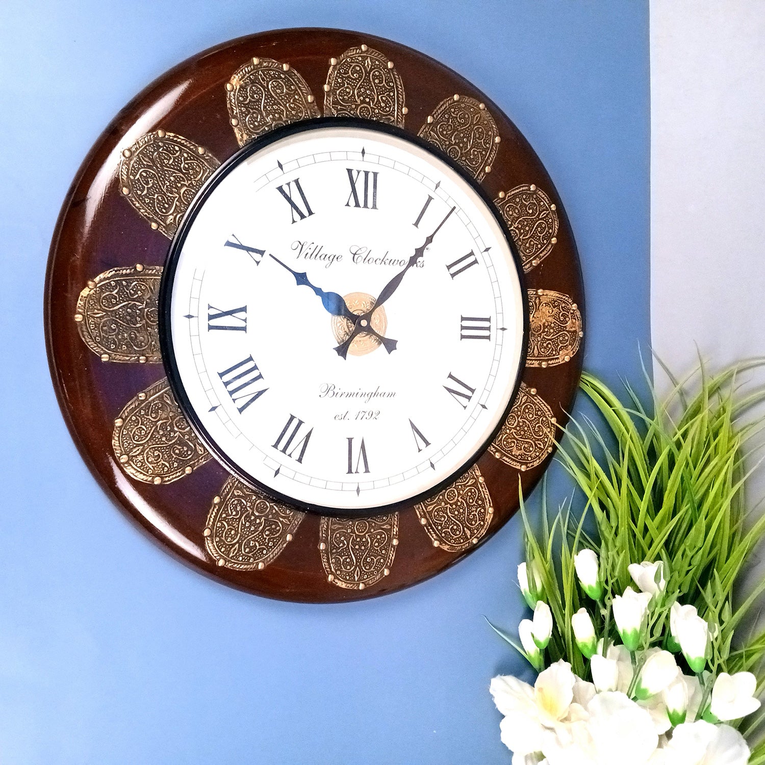 Wall Clock Wooden | Antique Clock With Premium Wood Finish & Brass Work - For Home, Living Room, Bedroom, Office & Hall Decoration | Wedding & Housewarming Gift - 18 Inch - Apkamart #Style_Design 1