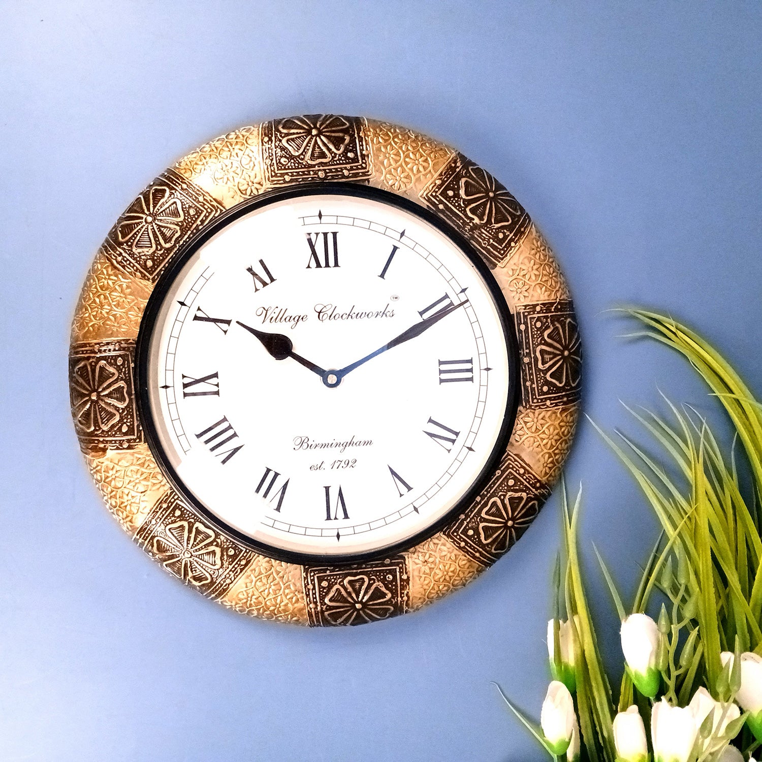 Wall Clock Wooden | Hanging Analogue Clock With Antique Brass Work - For Home, Living Room, Bedroom, Office & Hall Decoration | Wedding & Housewarming Gift - 12 Inch - Apkamart