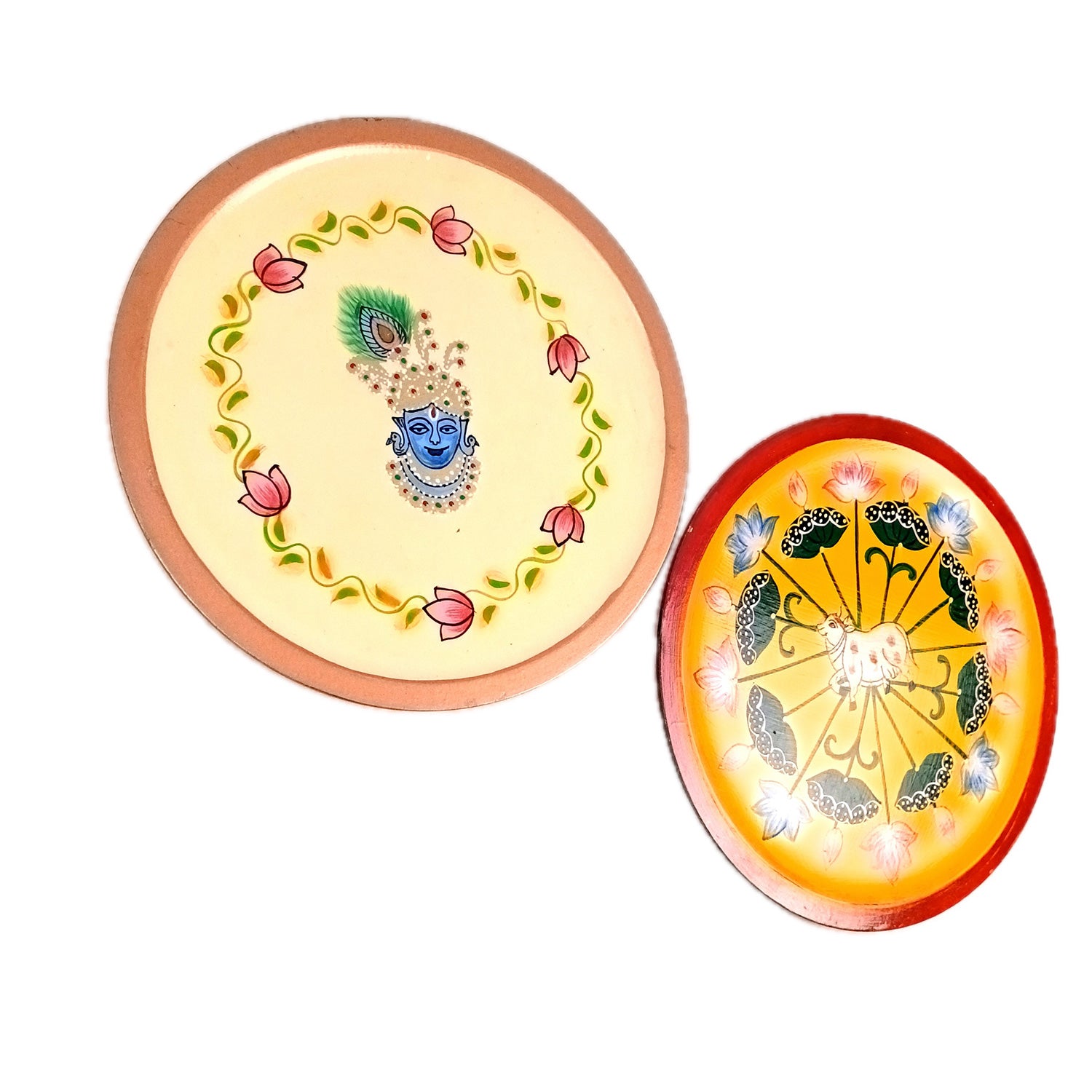 Wall Plate | Wooden Pichwai Wall Hanging Plates - Krishna & Cow Wall Art - For Home Decor, Living Room, Bedroom, Office | Gift for Wedding, Housewarming - 12 Inch (Pack Of 2) - Apkamart