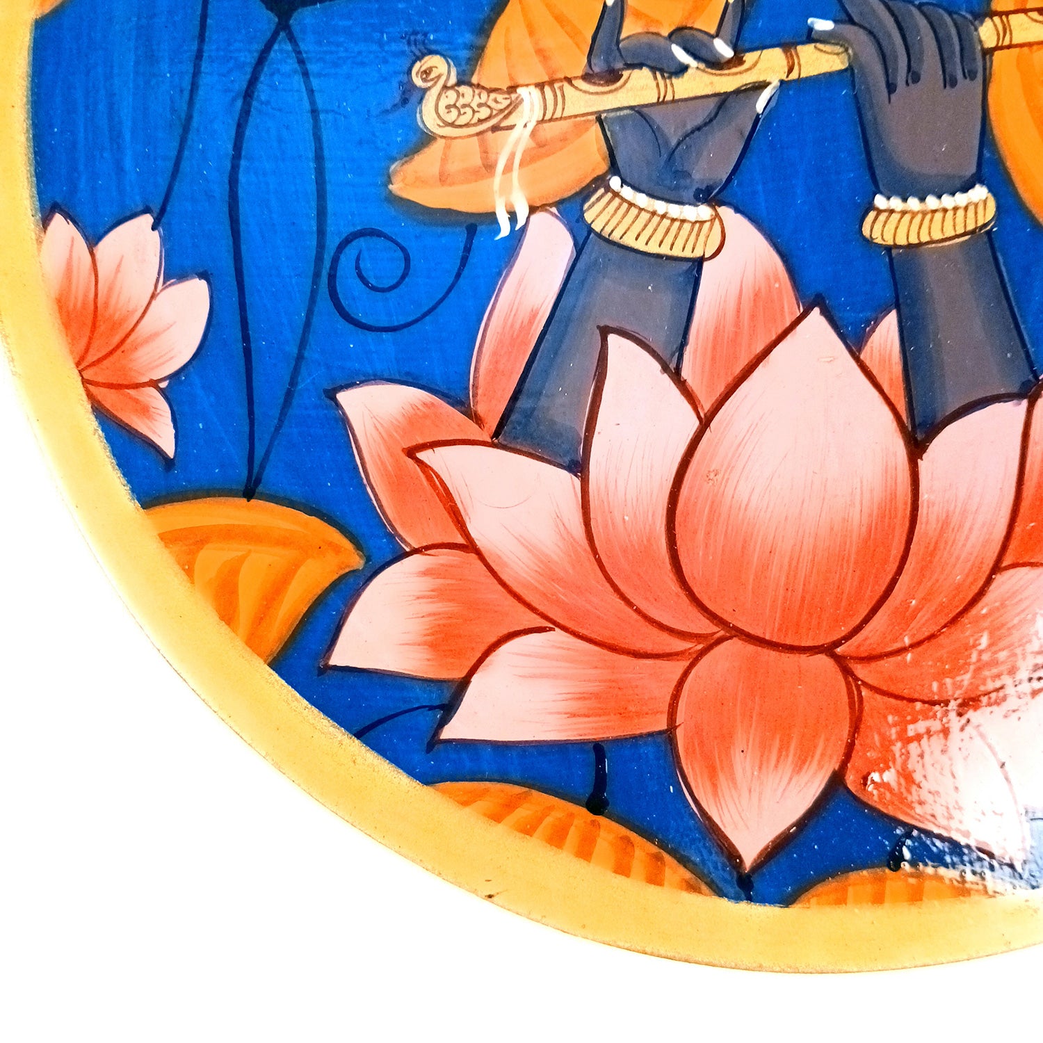 Wall Plate | Wooden Wall Hanging Plates - Lotus Design With Krishna Bansuri - For Home Decor, Living Room, Bedroom | Gift for Wedding, Housewarming - 10 Inch - Apkamart #Colour_Blue