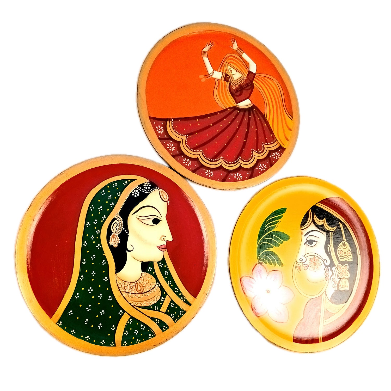 Wall Plate | Wooden Wall Hanging Plates - Rajasthani Lady Wall Art - For Home Decor, Living Room, Bedroom, Office | Gift for Wedding, Housewarming - 12 Inch (Pack Of 3) - Apkamart