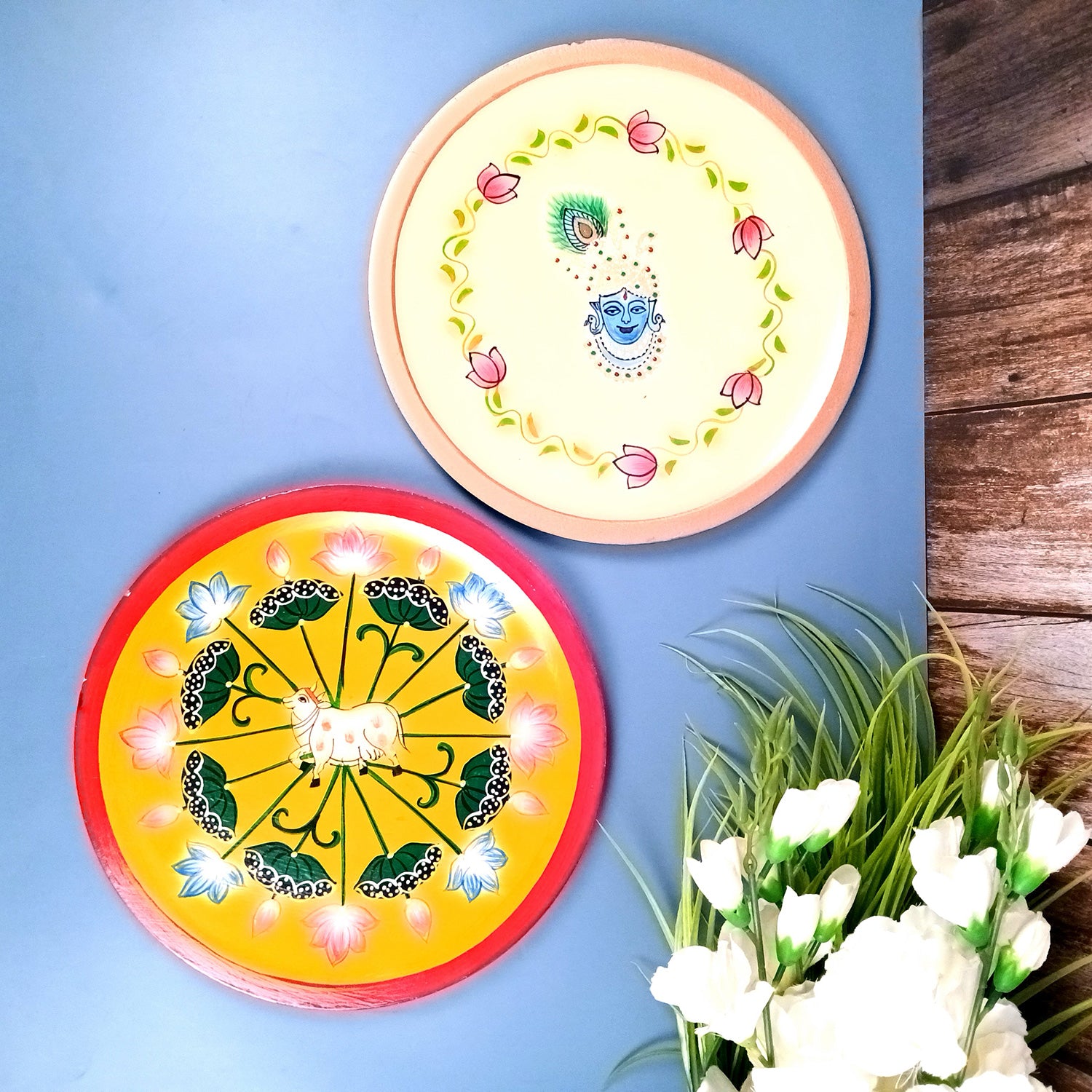 Wall Plate | Wooden Pichwai Wall Hanging Plates - Krishna & Cow Wall Art - For Home Decor, Living Room, Bedroom, Office | Gift for Wedding, Housewarming - 12 Inch (Pack Of 2) - Apkamart