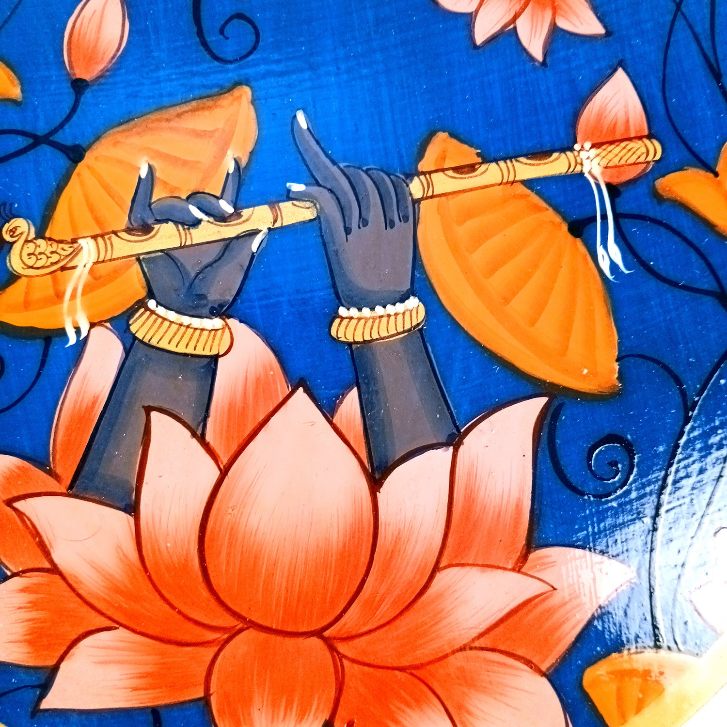 Wall Plate | Wooden Wall Hanging Plates - Lotus Design With Krishna Bansuri - For Home Decor, Living Room, Bedroom | Gift for Wedding, Housewarming - 10 Inch - Apkamart #Colour_Blue