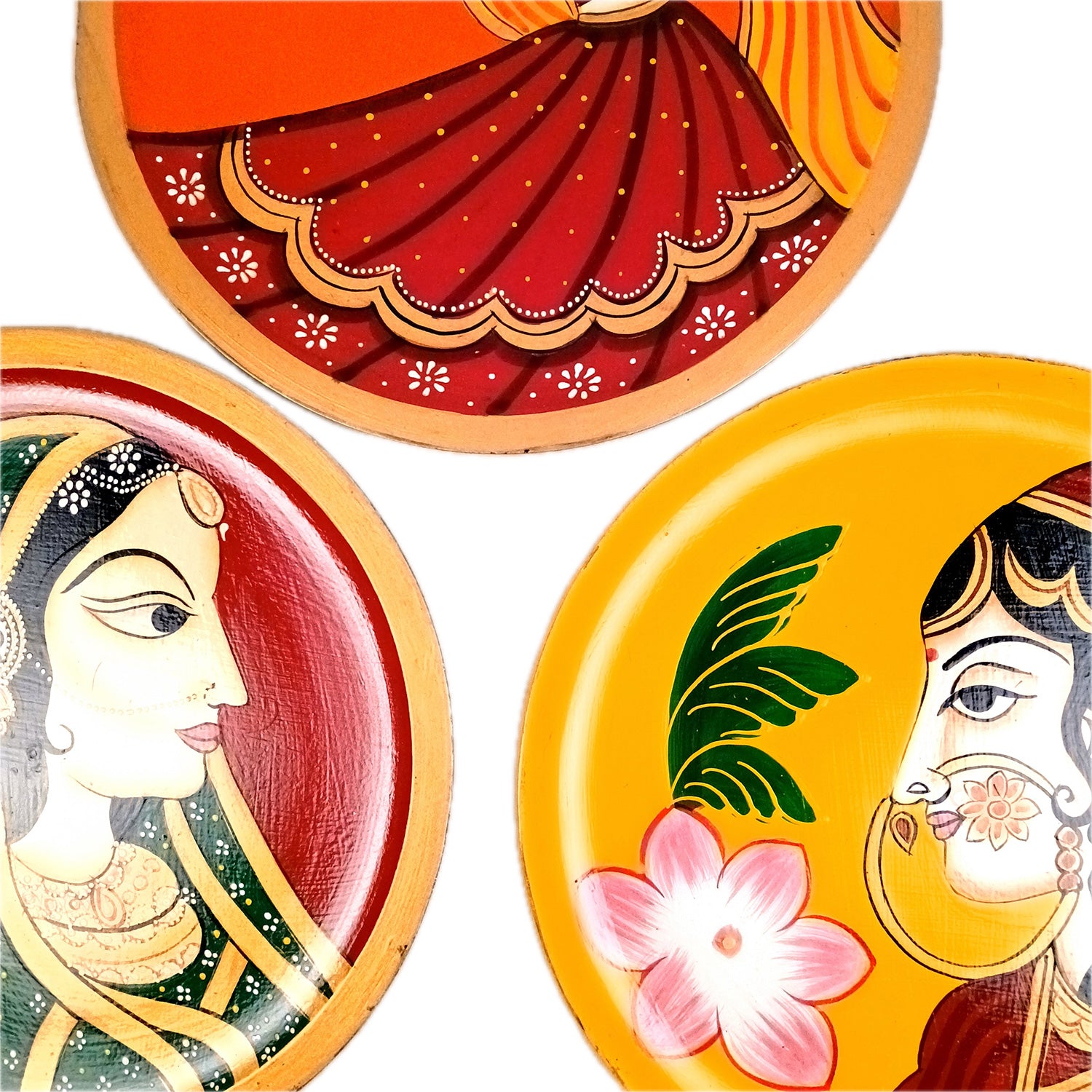 Wall Plate | Wooden Wall Hanging Plates - Rajasthani Lady Wall Art - For Home Decor, Living Room, Bedroom, Office | Gift for Wedding, Housewarming - 12 Inch (Pack Of 3) - Apkamart
