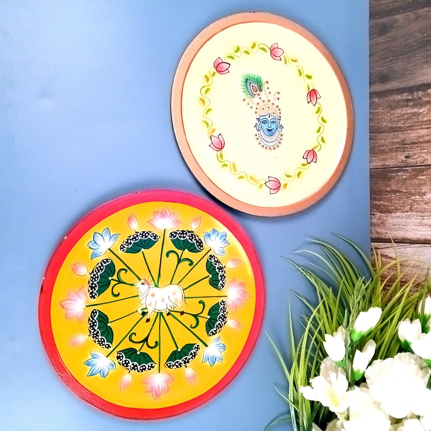 Wall Plate | Wooden Pichwai Wall Hanging Plates - Krishna & Cow Wall Art - For Home Decor, Living Room, Bedroom, Office | Gift for Wedding, Housewarming - 12 Inch (Pack Of 2) - Apkamart