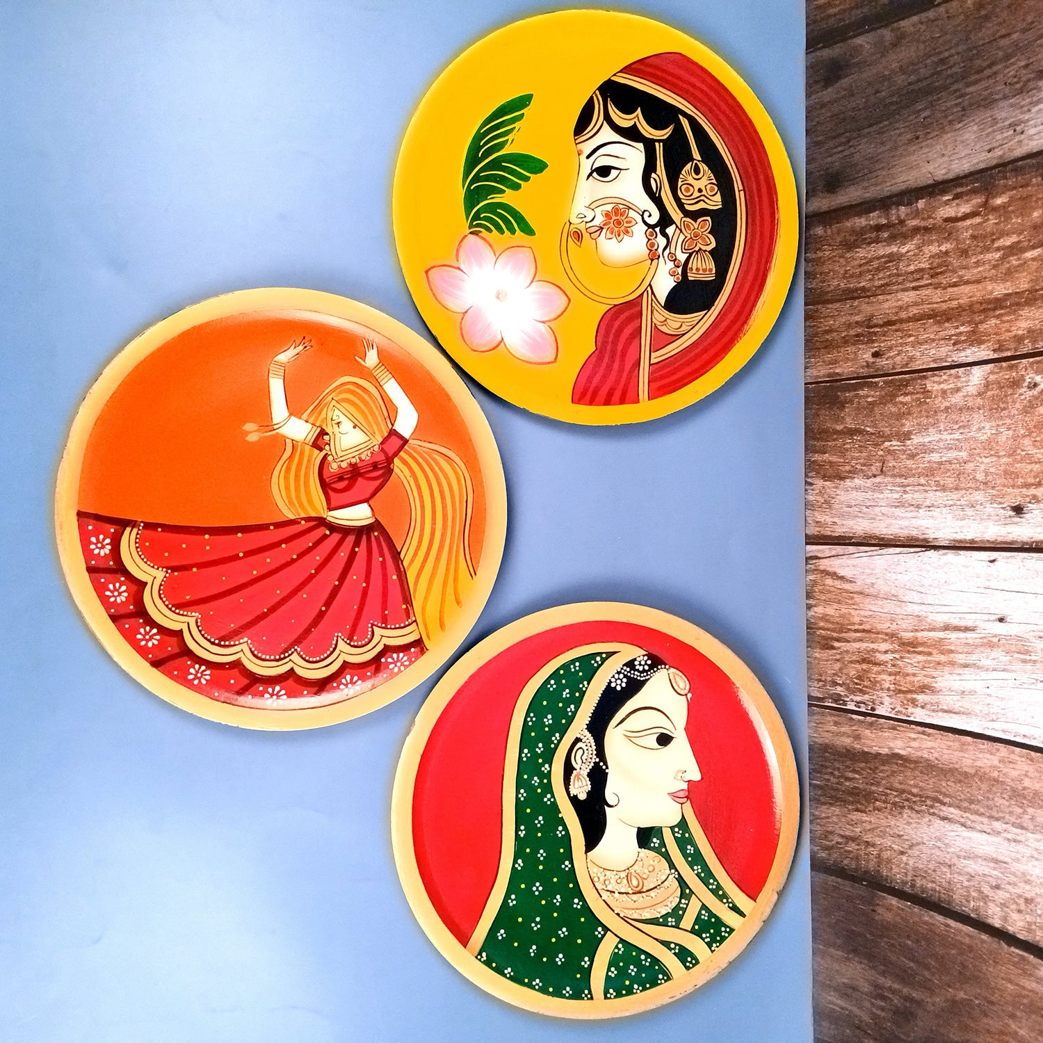 Wall Plate | Wooden Wall Hanging Plates - Rajasthani Lady Wall Art - For Home Decor, Living Room, Bedroom, Office | Gift for Wedding, Housewarming - 12 Inch (Pack Of 3) - Apkamart