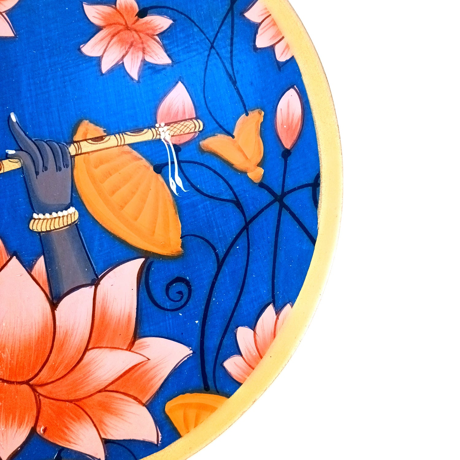 Wall Plate | Wooden Wall Hanging Plates - Lotus Design With Krishna Bansuri - For Home Decor, Living Room, Bedroom | Gift for Wedding, Housewarming - 10 Inch - Apkamart #Colour_Blue