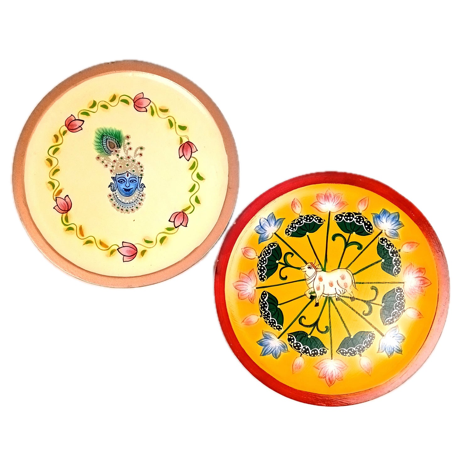 Wall Plate | Wooden Pichwai Wall Hanging Plates - Krishna & Cow Wall Art - For Home Decor, Living Room, Bedroom, Office | Gift for Wedding, Housewarming - 12 Inch (Pack Of 2) - Apkamart