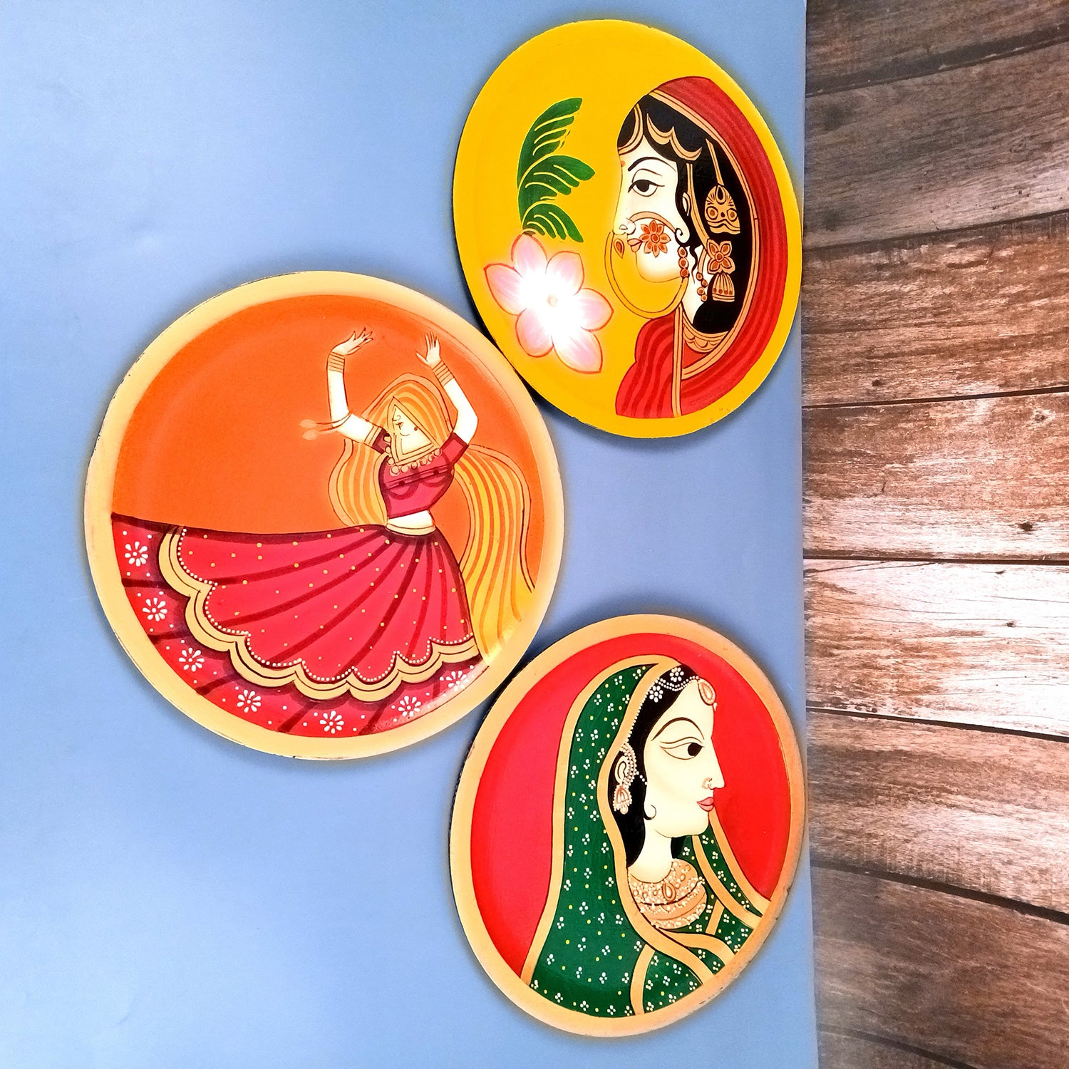 Wall Plate | Wooden Wall Hanging Plates - Rajasthani Lady Wall Art - For Home Decor, Living Room, Bedroom, Office | Gift for Wedding, Housewarming - 12 Inch (Pack Of 3) - Apkamart