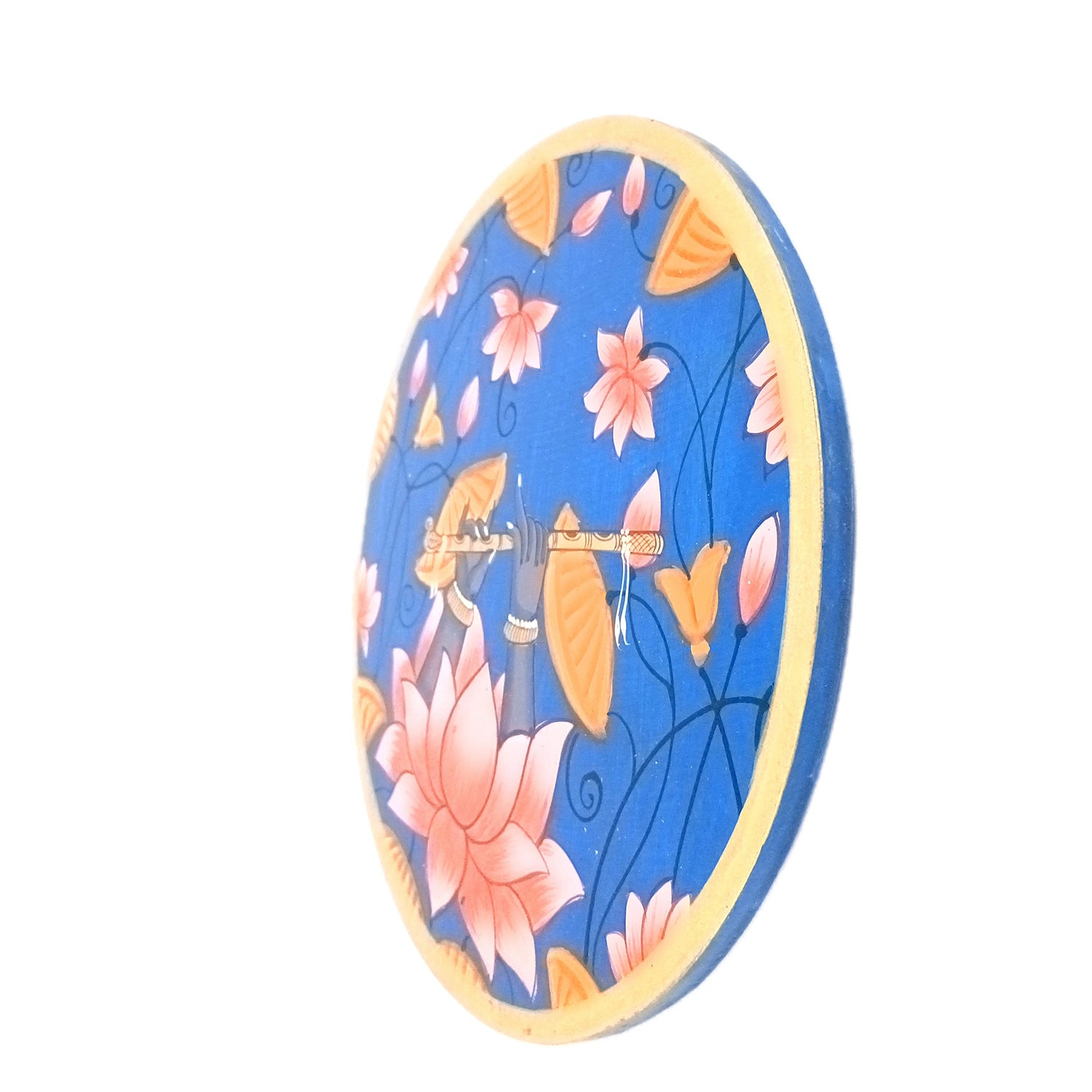 Wall Plate | Wooden Wall Hanging Plates - Lotus Design With Krishna Bansuri - For Home Decor, Living Room, Bedroom | Gift for Wedding, Housewarming - 10 Inch - Apkamart #Colour_Blue