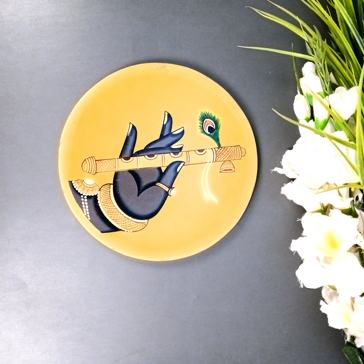 Wall Plate | Wooden Pichwai Wall Hanging Plates - Krishna Wall Art - For Home Decor, Living Room, Office | Gift for Wedding, Housewarming, Festivals - 10 Inch (Yellow) - Apkamart