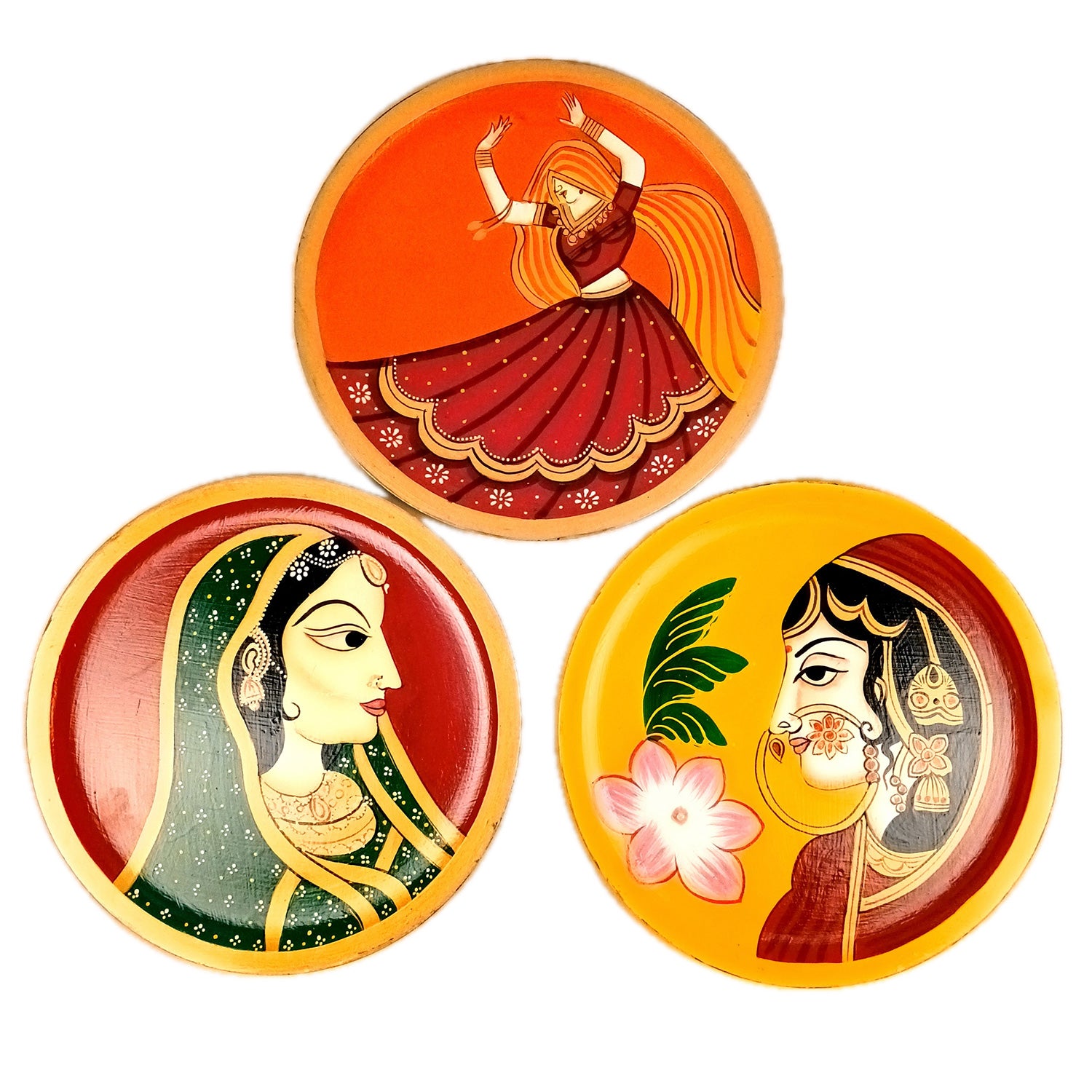 Wall Plate | Wooden Wall Hanging Plates - Rajasthani Lady Wall Art - For Home Decor, Living Room, Bedroom, Office | Gift for Wedding, Housewarming - 12 Inch (Pack Of 3) - Apkamart