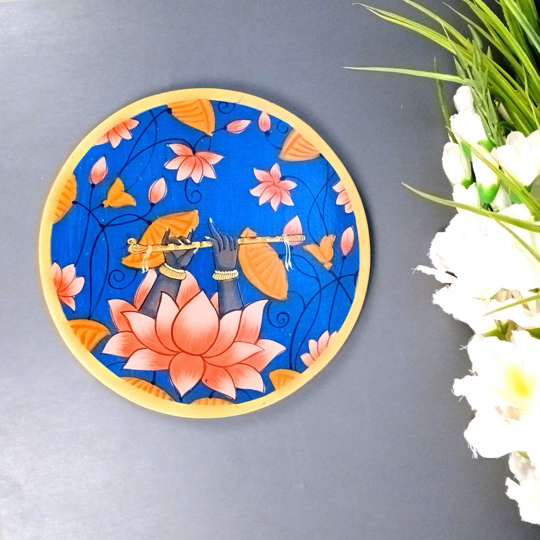 Wall Plate | Wooden Wall Hanging Plates - Lotus Design With Krishna Bansuri - For Home Decor, Living Room, Bedroom | Gift for Wedding, Housewarming - 10 Inch - Apkamart #Colour_Blue