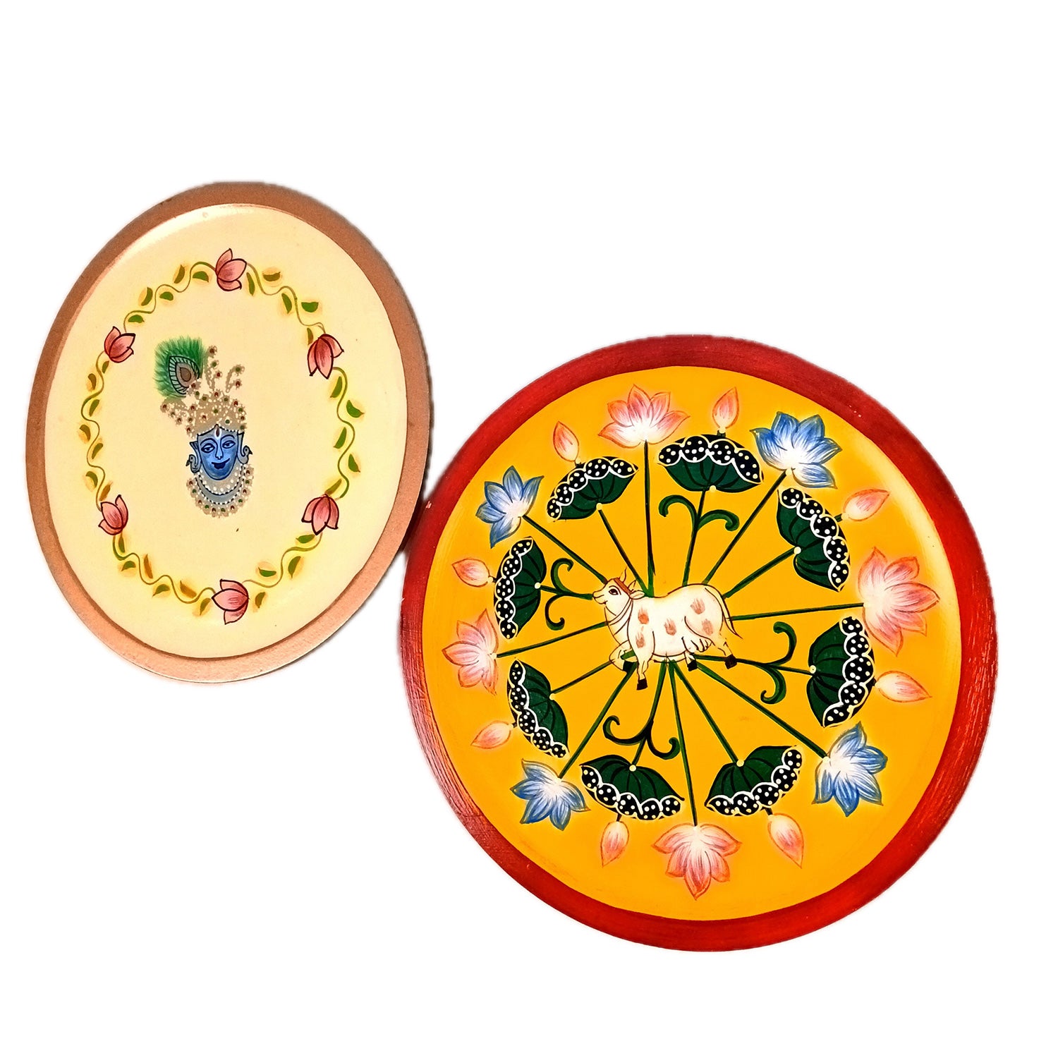 Wall Plate | Wooden Pichwai Wall Hanging Plates - Krishna & Cow Wall Art - For Home Decor, Living Room, Bedroom, Office | Gift for Wedding, Housewarming - 12 Inch (Pack Of 2) - Apkamart