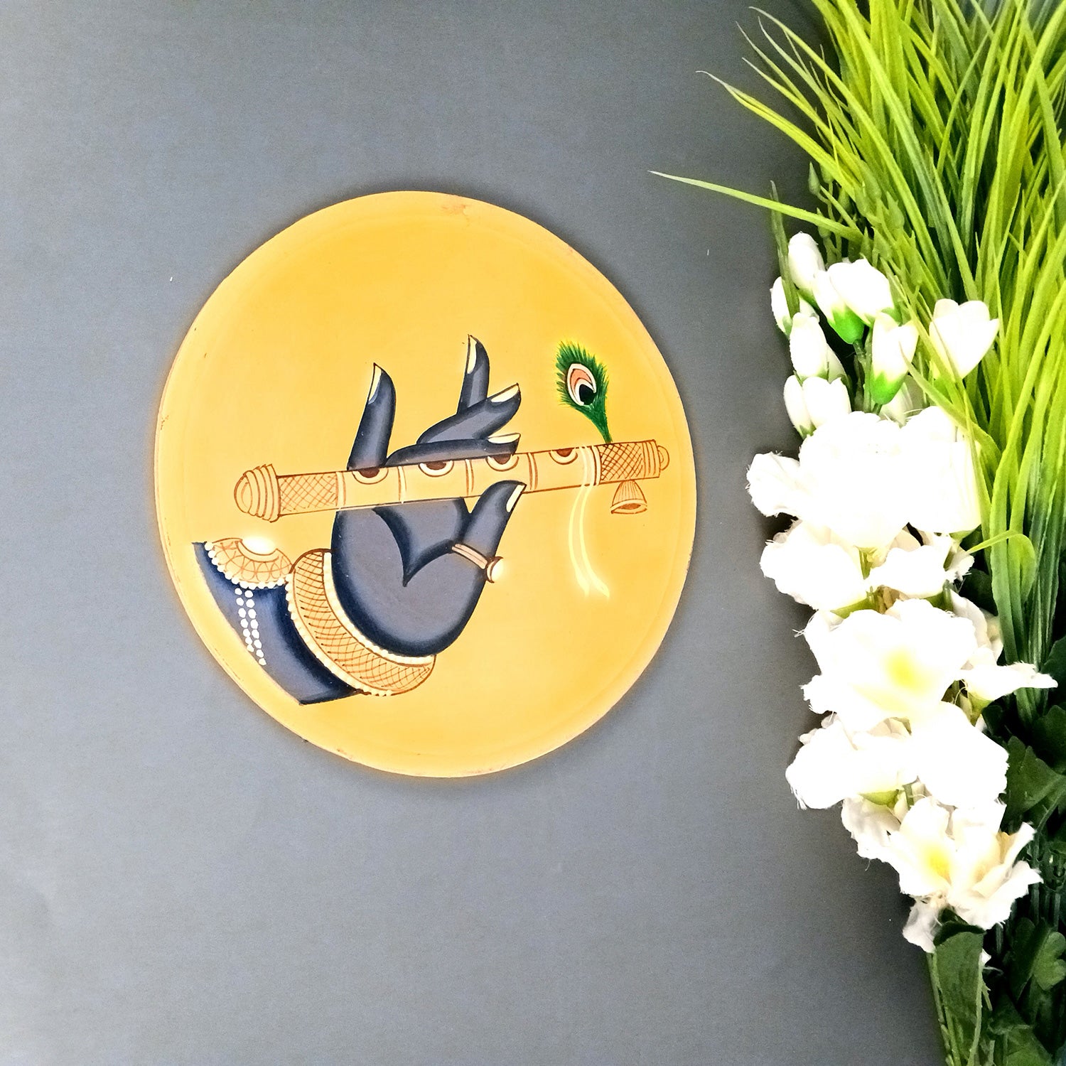 Wall Plate | Wooden Pichwai Wall Hanging Plates - Krishna Wall Art - For Home Decor, Living Room, Office | Gift for Wedding, Housewarming, Festivals - 10 Inch (Yellow) - Apkamart