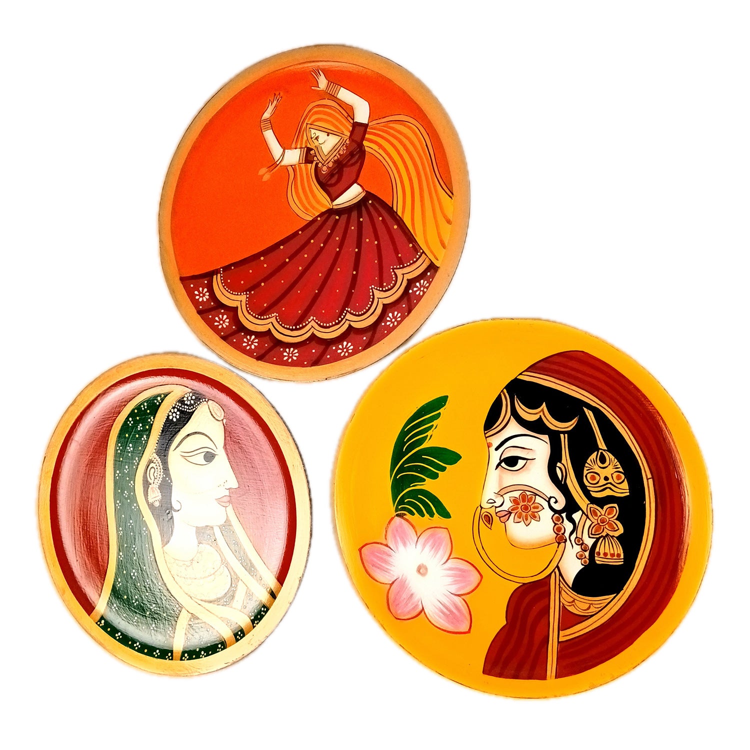 Wall Plate | Wooden Wall Hanging Plates - Rajasthani Lady Wall Art - For Home Decor, Living Room, Bedroom, Office | Gift for Wedding, Housewarming - 12 Inch (Pack Of 3) - Apkamart