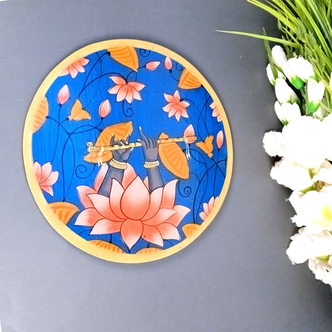 Wall Plate | Wooden Wall Hanging Plates - Lotus Design With Krishna Bansuri - For Home Decor, Living Room, Bedroom | Gift for Wedding, Housewarming - 10 Inch - Apkamart #Colour_Blue