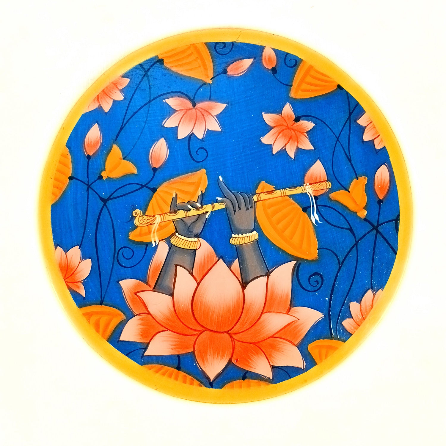 Wall Plate | Wooden Wall Hanging Plates - Lotus Design With Krishna Bansuri - For Home Decor, Living Room, Bedroom | Gift for Wedding, Housewarming - 10 Inch - Apkamart #Colour_Blue