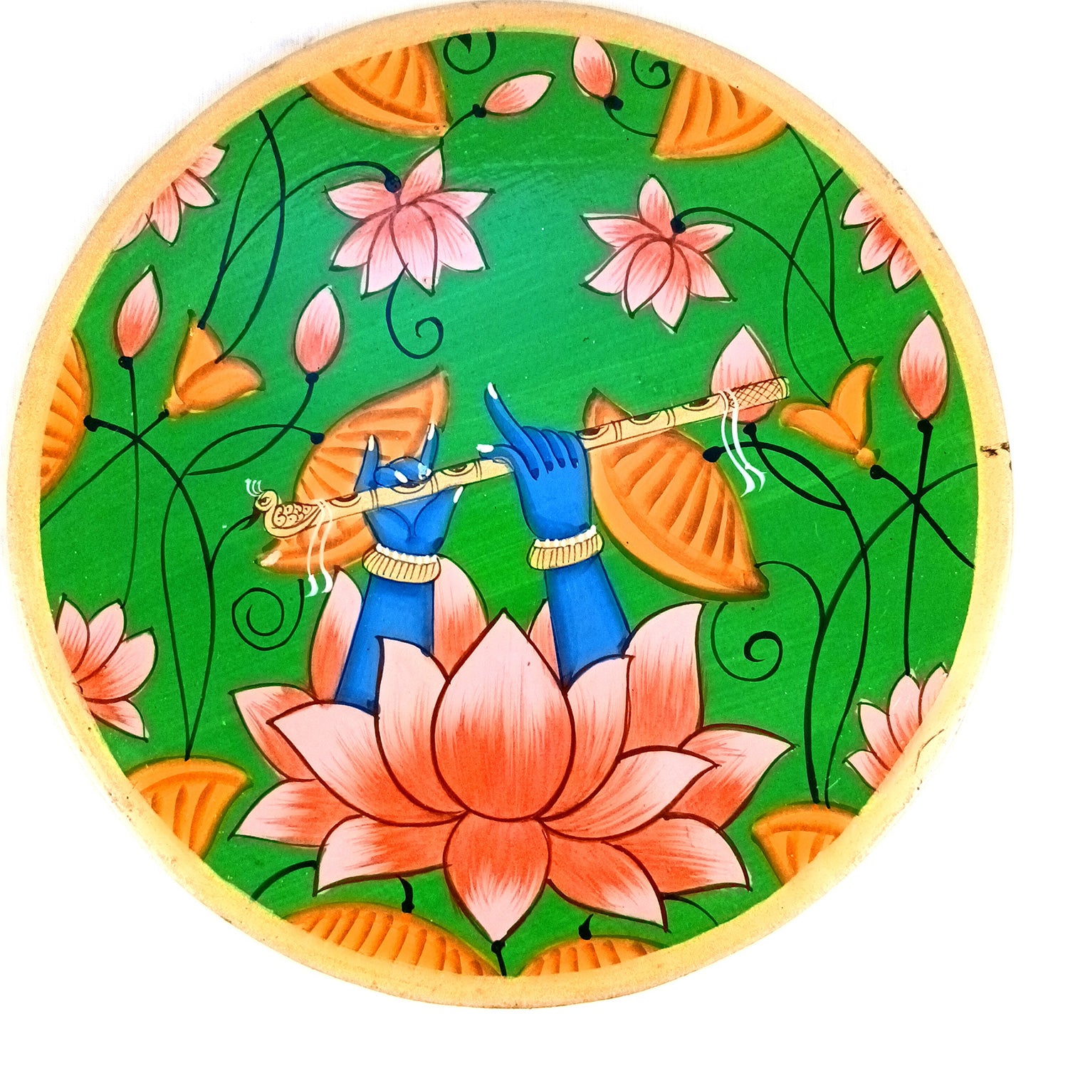 Wall Plate | Wooden Wall Hanging Plates - Lotus Design With Krishna Bansuri - For Home Decor, Living Room, Bedroom | Gift for Wedding, Housewarming - 10 Inch - Apkamart #Colour_Green