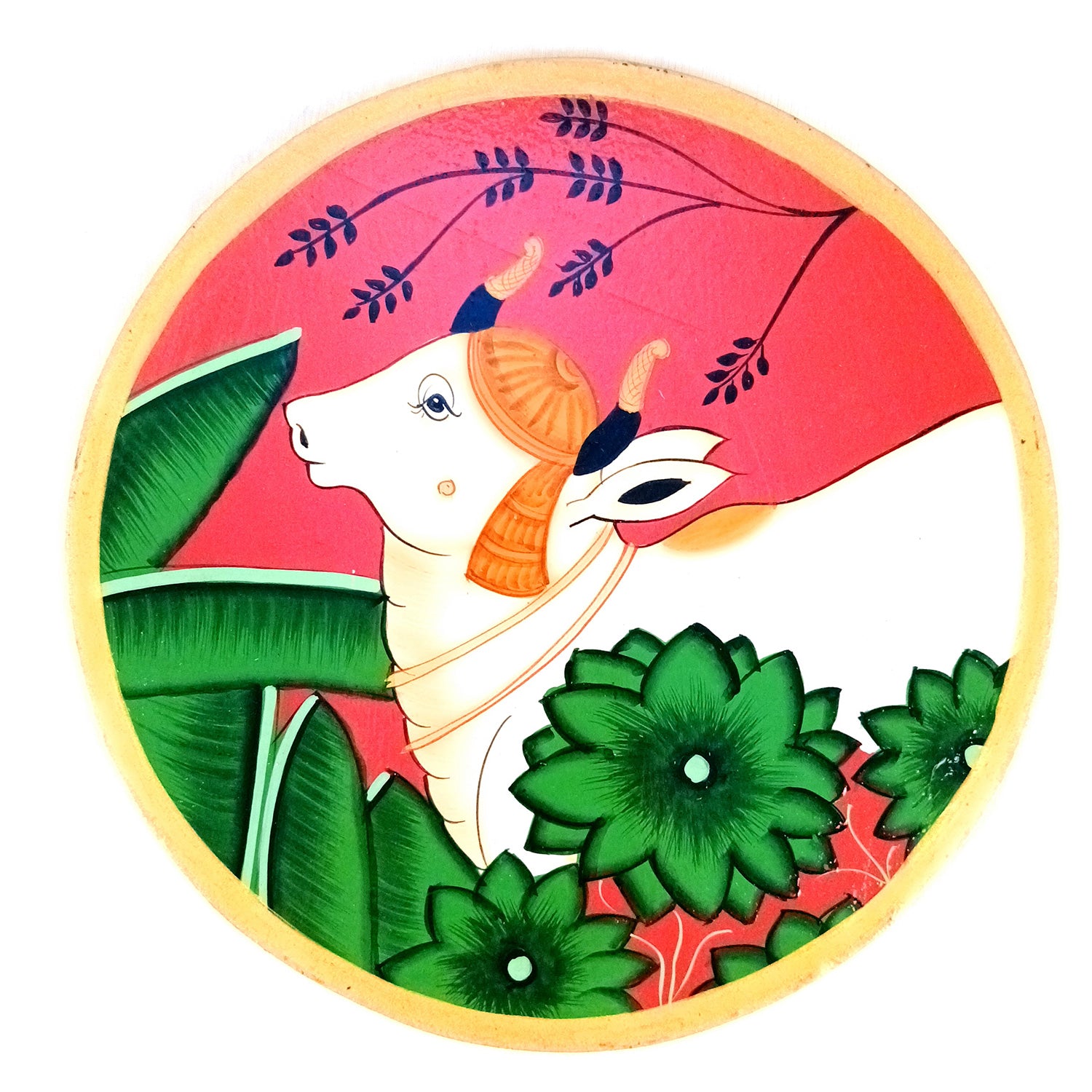Wall Plate | Wooden Wall Hanging Plates - Pichwai Cow Wall Art - For Home Decor, Living Room, Office | Gift for Wedding, Housewarming, Festivals - 10 Inch - Apkamart #Colour_Red
