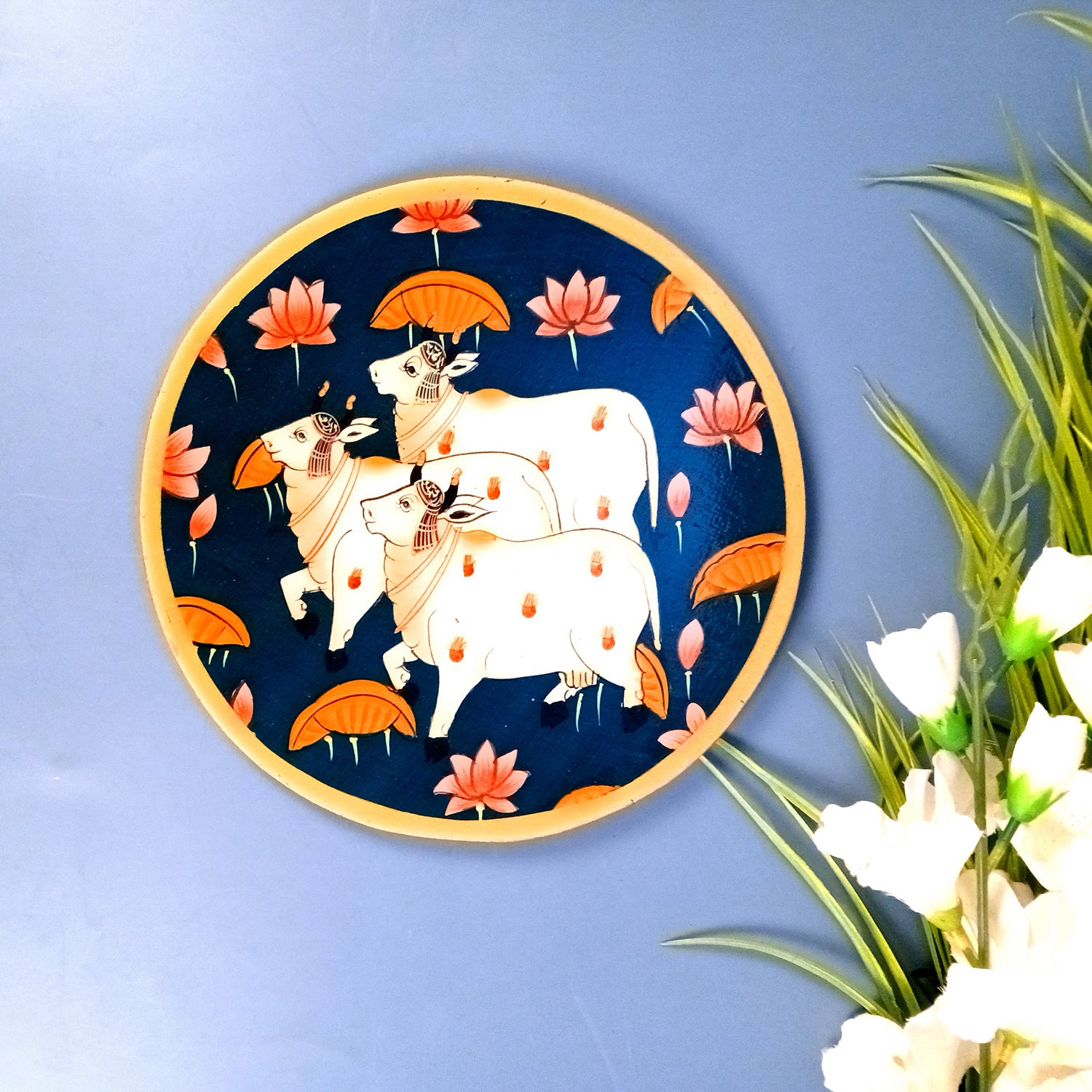 Wall Plate | Wooden Wall Hanging Plates - Pichwai Cow Wall Art - For Home Decor, Living Room, Bedroom | Gift for Wedding, Housewarming, Festivals - 10 Inch - Apkamart #Colour_Blue