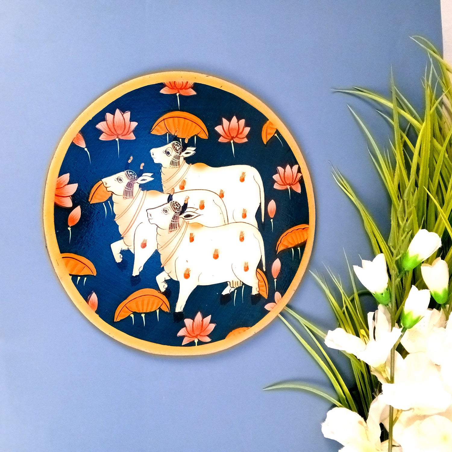 Wall Plate | Wooden Wall Hanging Plates - Pichwai Cow Wall Art - For Home Decor, Living Room, Bedroom | Gift for Wedding, Housewarming, Festivals - 10 Inch - Apkamart #Colour_Blue