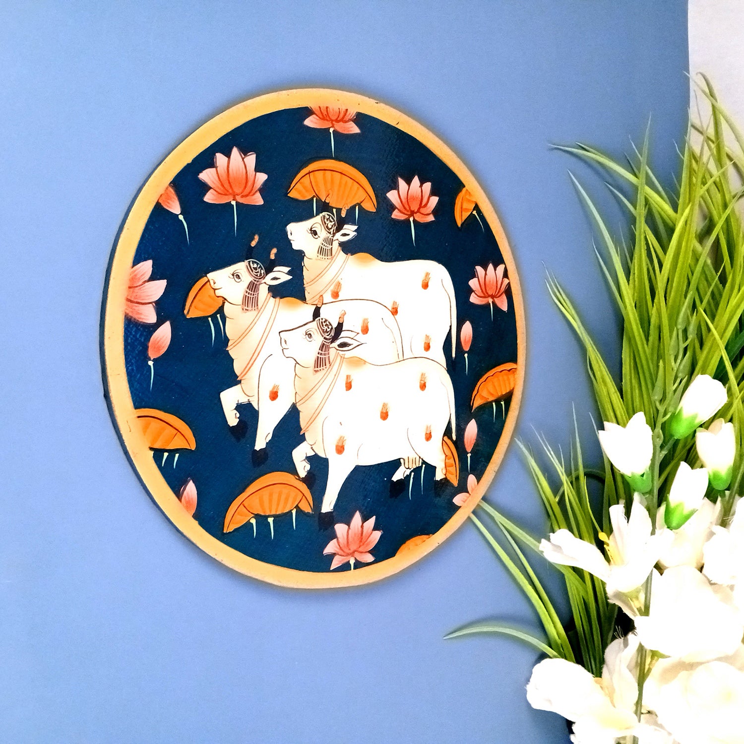 Wall Plate | Wooden Wall Hanging Plates - Pichwai Cow Wall Art - For Home Decor, Living Room, Bedroom | Gift for Wedding, Housewarming, Festivals - 10 Inch - Apkamart #Colour_Blue