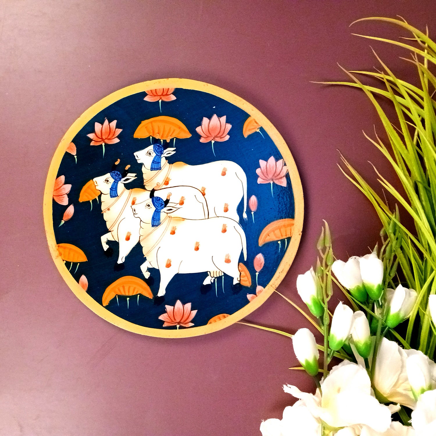 Wall Plate | Wooden Wall Hanging Plates - Pichwai Cow Wall Art - For Home Decor, Living Room, Bedroom | Gift for Wedding, Housewarming, Festivals - 10 Inch - Apkamart #Colour_Blue