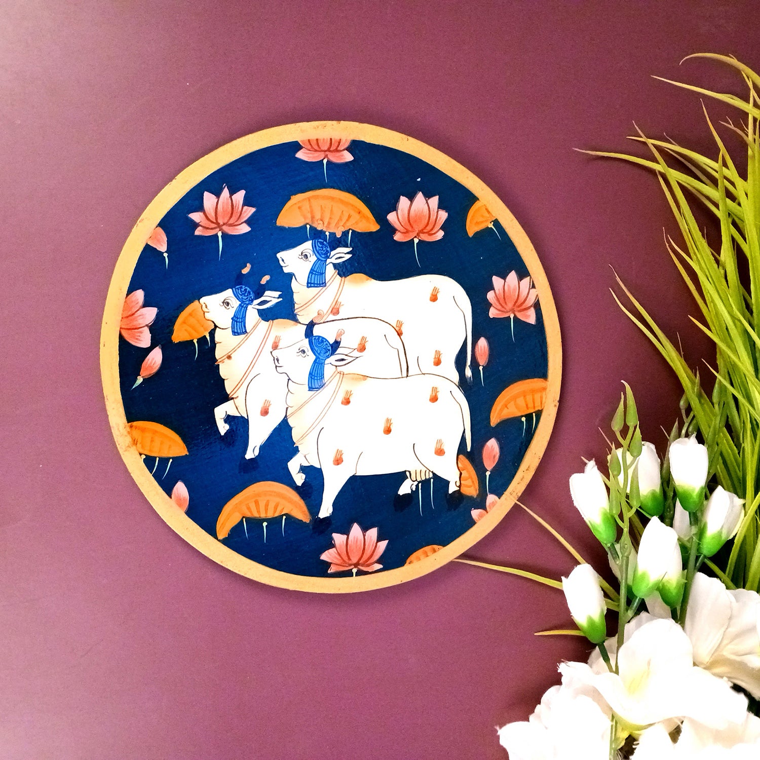 Wall Plate | Wooden Wall Hanging Plates - Pichwai Cow Wall Art - For Home Decor, Living Room, Bedroom | Gift for Wedding, Housewarming, Festivals - 10 Inch - Apkamart #Colour_Blue