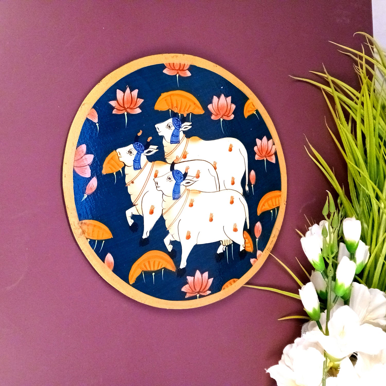 Wall Plate | Wooden Wall Hanging Plates - Pichwai Cow Wall Art - For Home Decor, Living Room, Bedroom | Gift for Wedding, Housewarming, Festivals - 10 Inch - Apkamart #Colour_Blue
