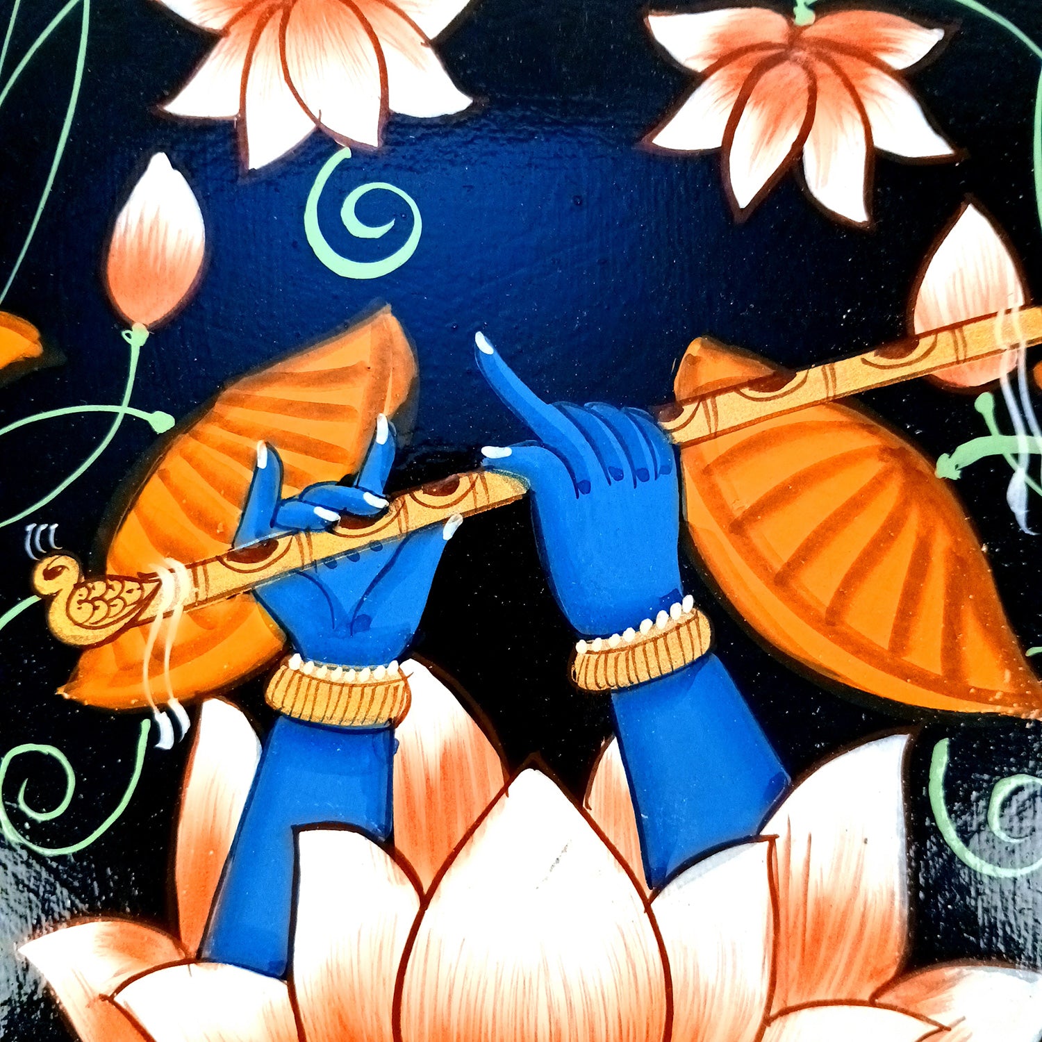 Wall Plate | Wooden Wall Hanging Plates - Lotus Design With Krishna Bansuri - For Home Decor, Living Room, Bedroom | Gift for Wedding, Housewarming - 10 Inch - Apkamart #Colour_Black