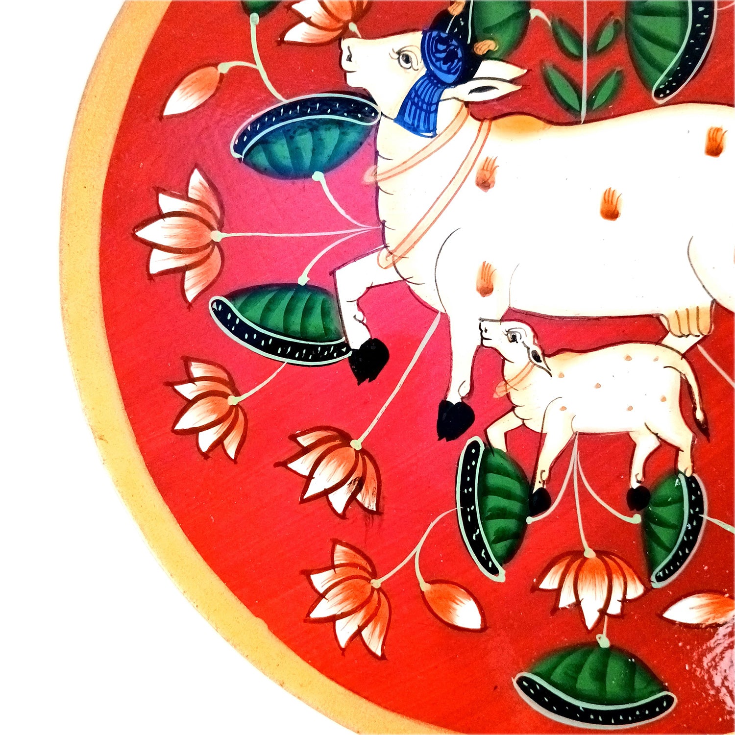 Wall Plate | Wooden Wall Hanging Plates - Pichwai Cow Wall Art - For Home Decor, Living Room, Bedroom, Office | Gift for Wedding, Housewarming & Festivals - 10 Inch - Apkamart #Colour_Red