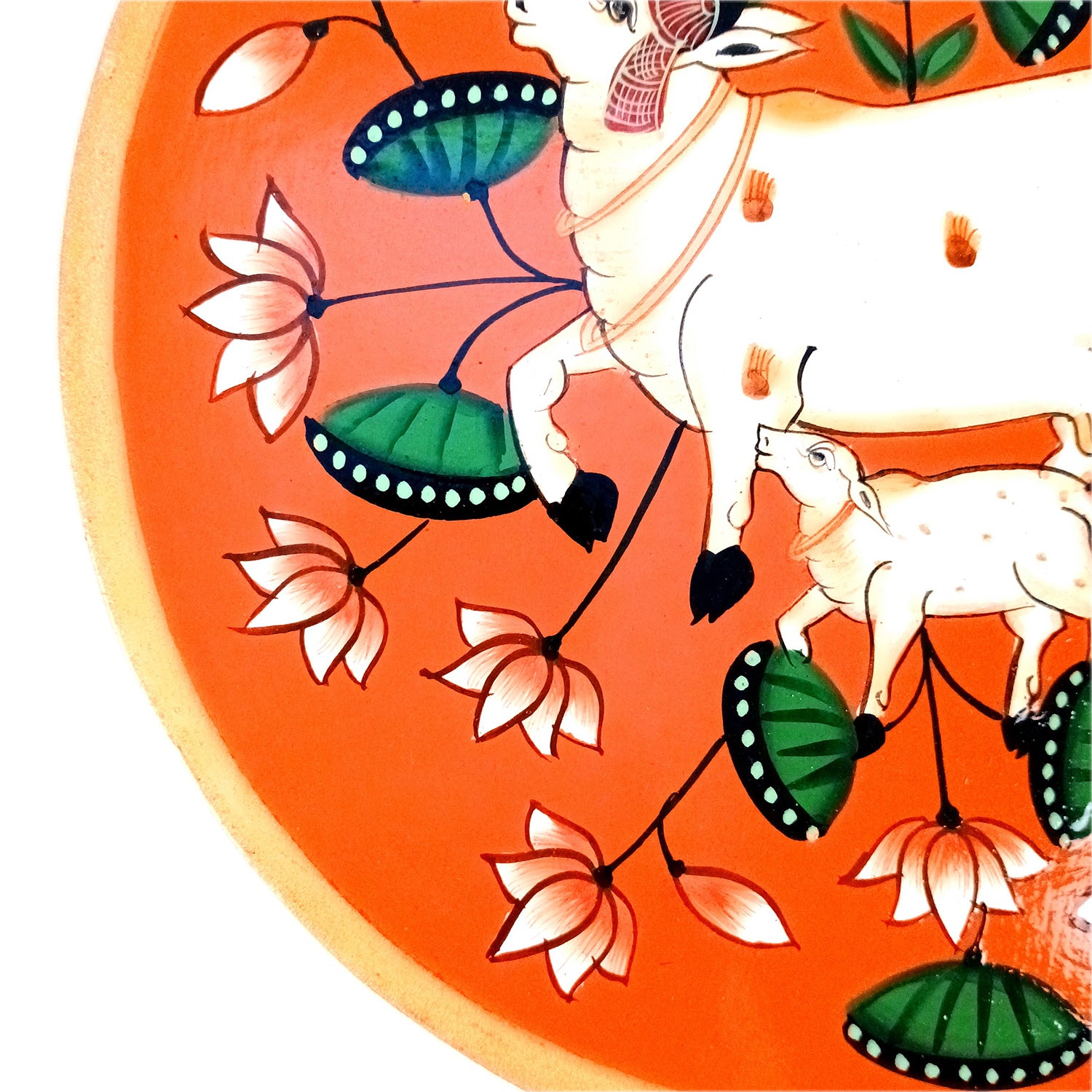 Wall Plate | Wooden Wall Hanging Plates - Pichwai Cow Wall Art - For Home Decor, Living Room, Bedroom, Office | Gift for Wedding, Housewarming & Festivals - 10 Inch - Apkamart #Colour_Orange