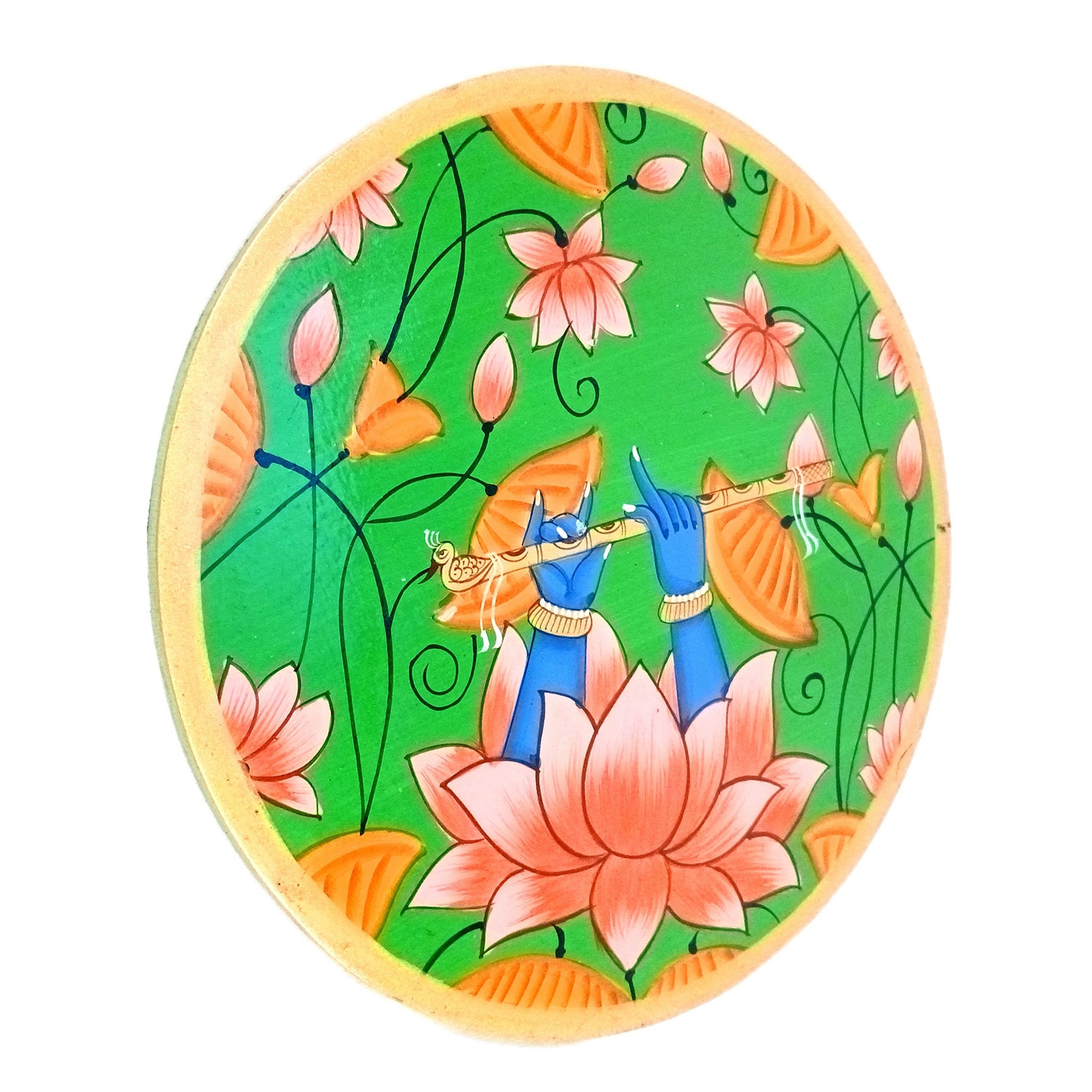 Wall Plate | Wooden Wall Hanging Plates - Lotus Design With Krishna Bansuri - For Home Decor, Living Room, Bedroom | Gift for Wedding, Housewarming - 10 Inch - Apkamart #Colour_Green