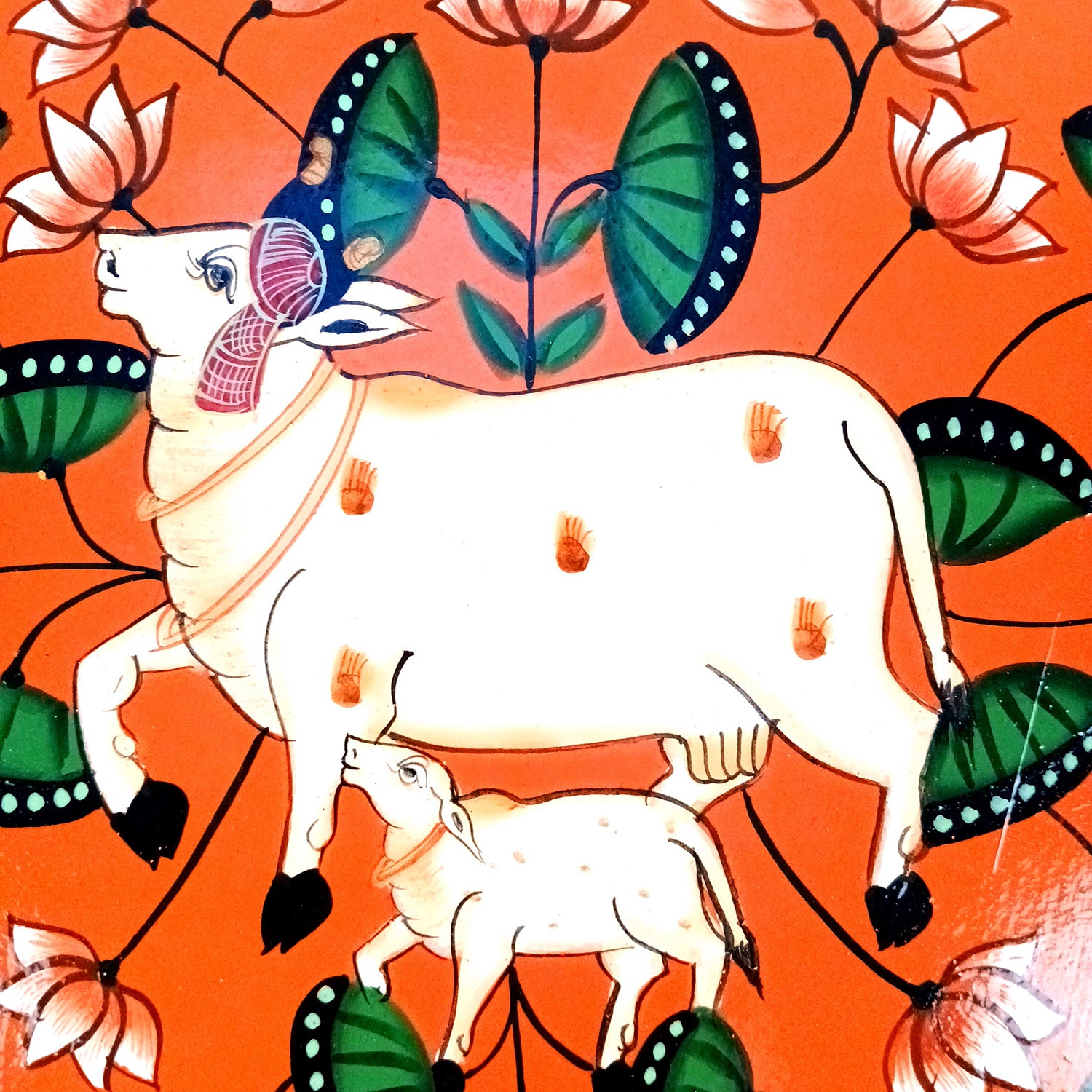 Wall Plate | Wooden Wall Hanging Plates - Pichwai Cow Wall Art - For Home Decor, Living Room, Bedroom, Office | Gift for Wedding, Housewarming & Festivals - 10 Inch - Apkamart #Colour_Orange