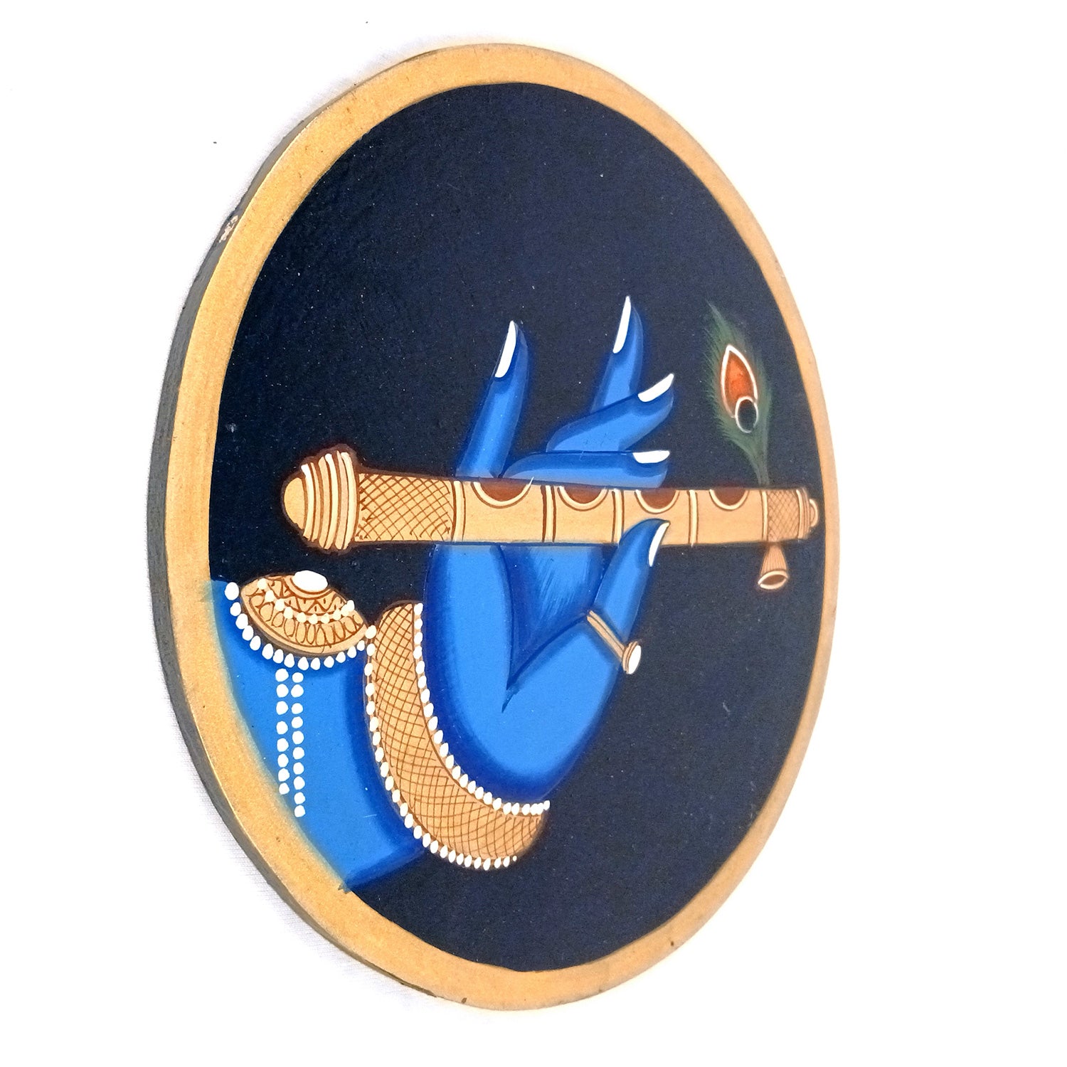 Wall Plate | Wooden Pichwai Wall Hanging Plates - Krishna Bansuri In Hand Wall Art - For Home Decor, Living Room, Office | Gift for Housewarming, Festivals - 10 Inch - Apkamart #Colour_Blue