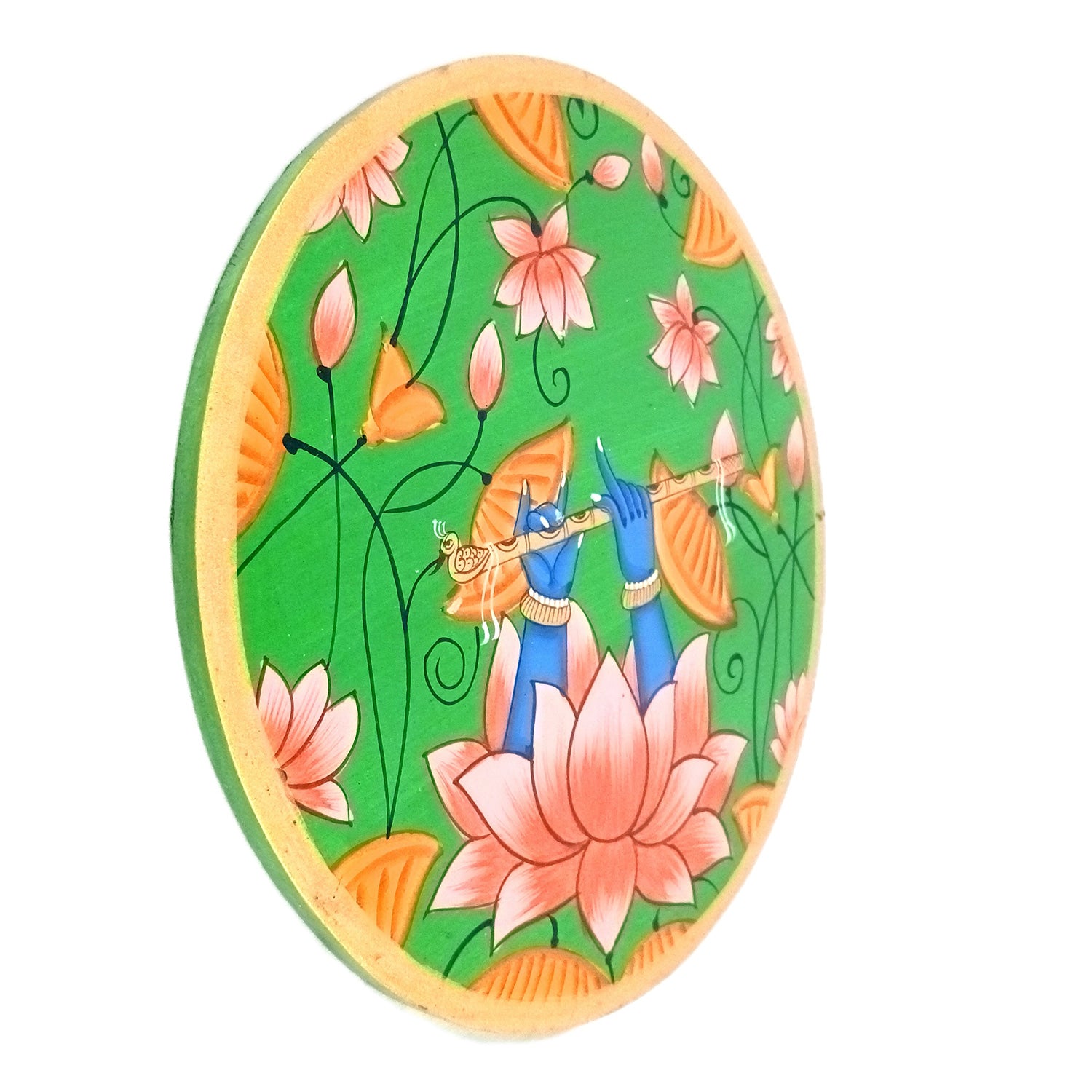 Wall Plate | Wooden Wall Hanging Plates - Lotus Design With Krishna Bansuri - For Home Decor, Living Room, Bedroom | Gift for Wedding, Housewarming - 10 Inch - Apkamart #Colour_Green