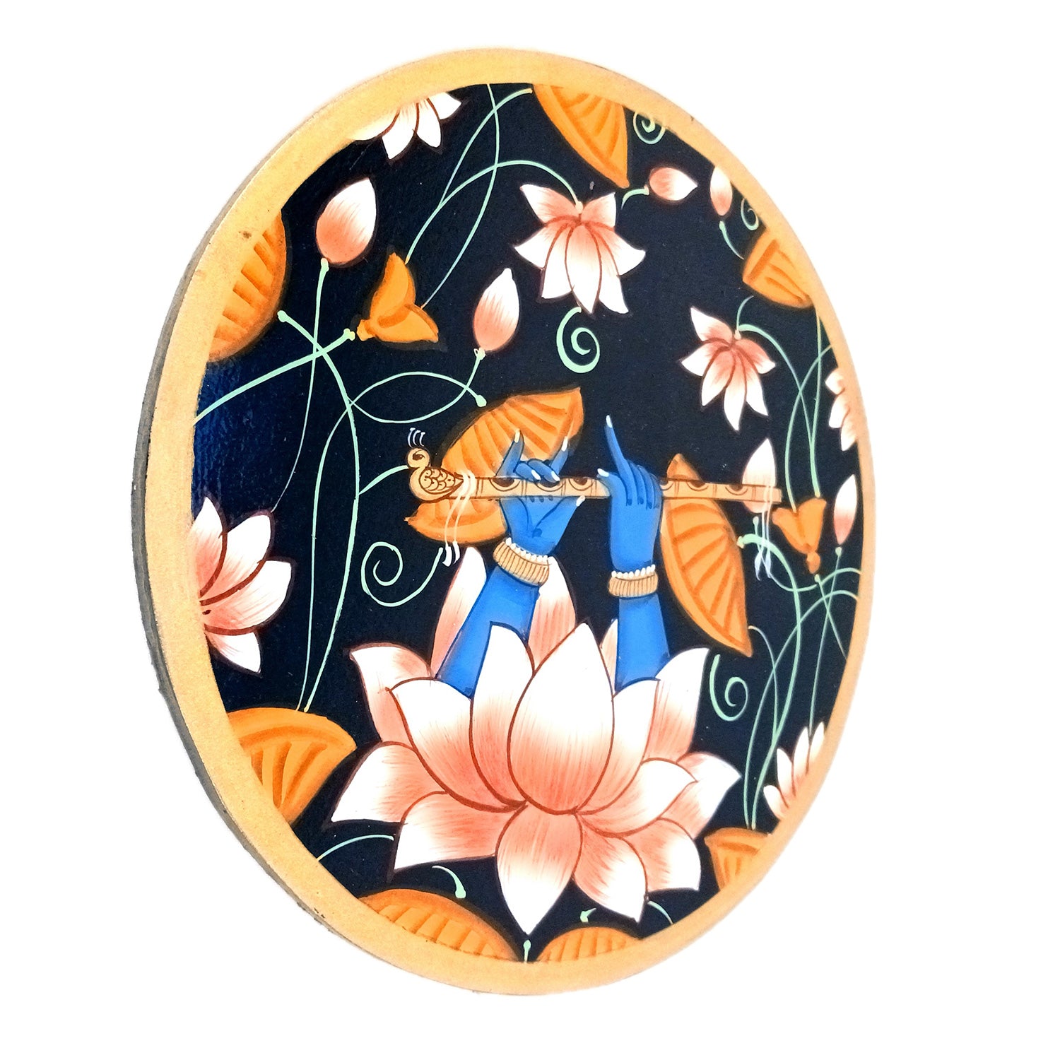 Wall Plate | Wooden Wall Hanging Plates - Lotus Design With Krishna Bansuri - For Home Decor, Living Room, Bedroom | Gift for Wedding, Housewarming - 10 Inch - Apkamart #Colour_Black