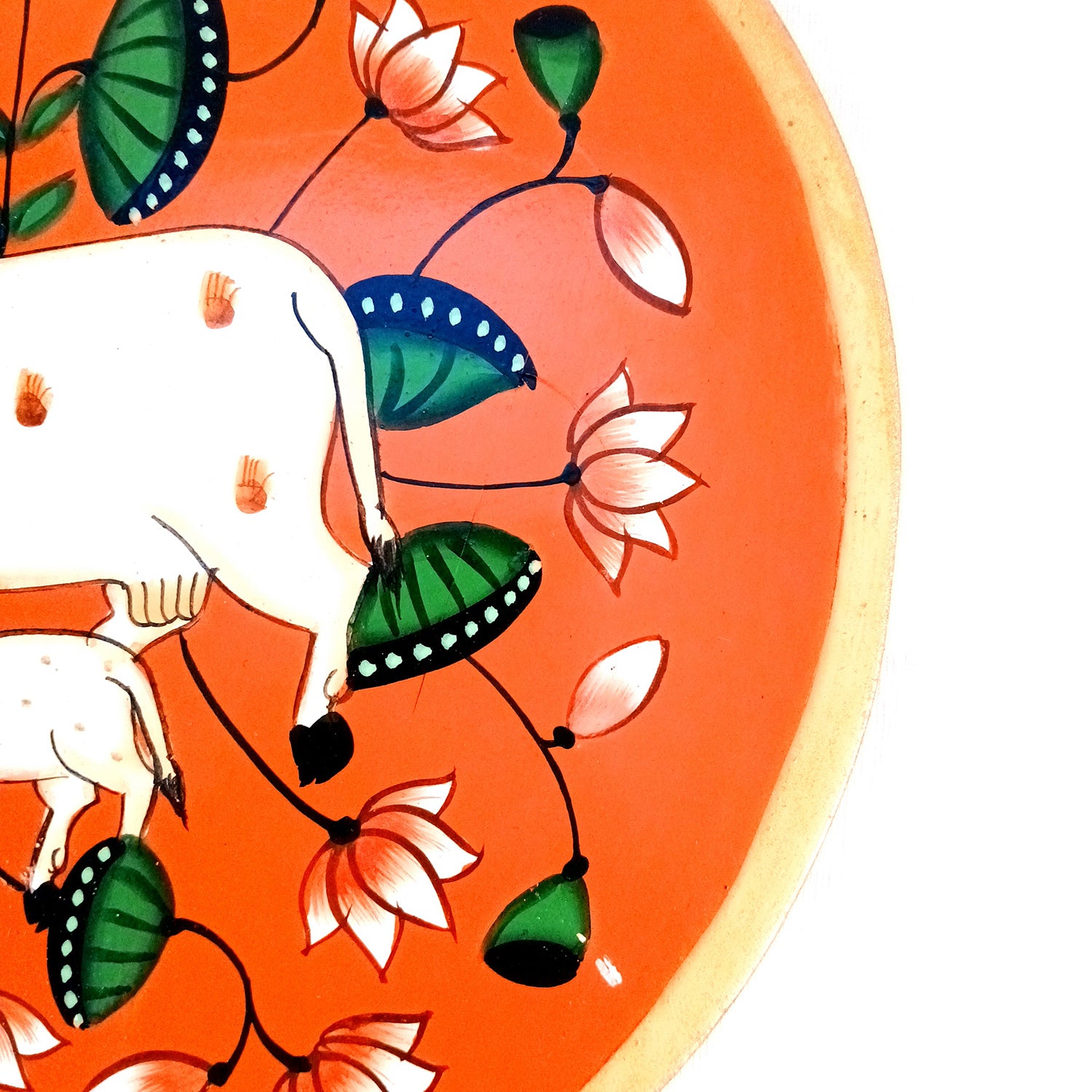 Wall Plate | Wooden Wall Hanging Plates - Pichwai Cow Wall Art - For Home Decor, Living Room, Bedroom, Office | Gift for Wedding, Housewarming & Festivals - 10 Inch - Apkamart #Colour_Orange