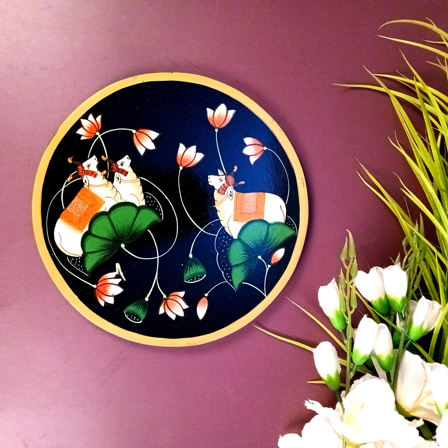 Wall Plate | Wooden Wall Hanging Plates - Pichwai Cow Wall Art - For Home Decor, Living Room, Bedroom, Office | Gift for Wedding, Housewarming, Festivals - 10 Inch - Apkamart #Colour_Blue