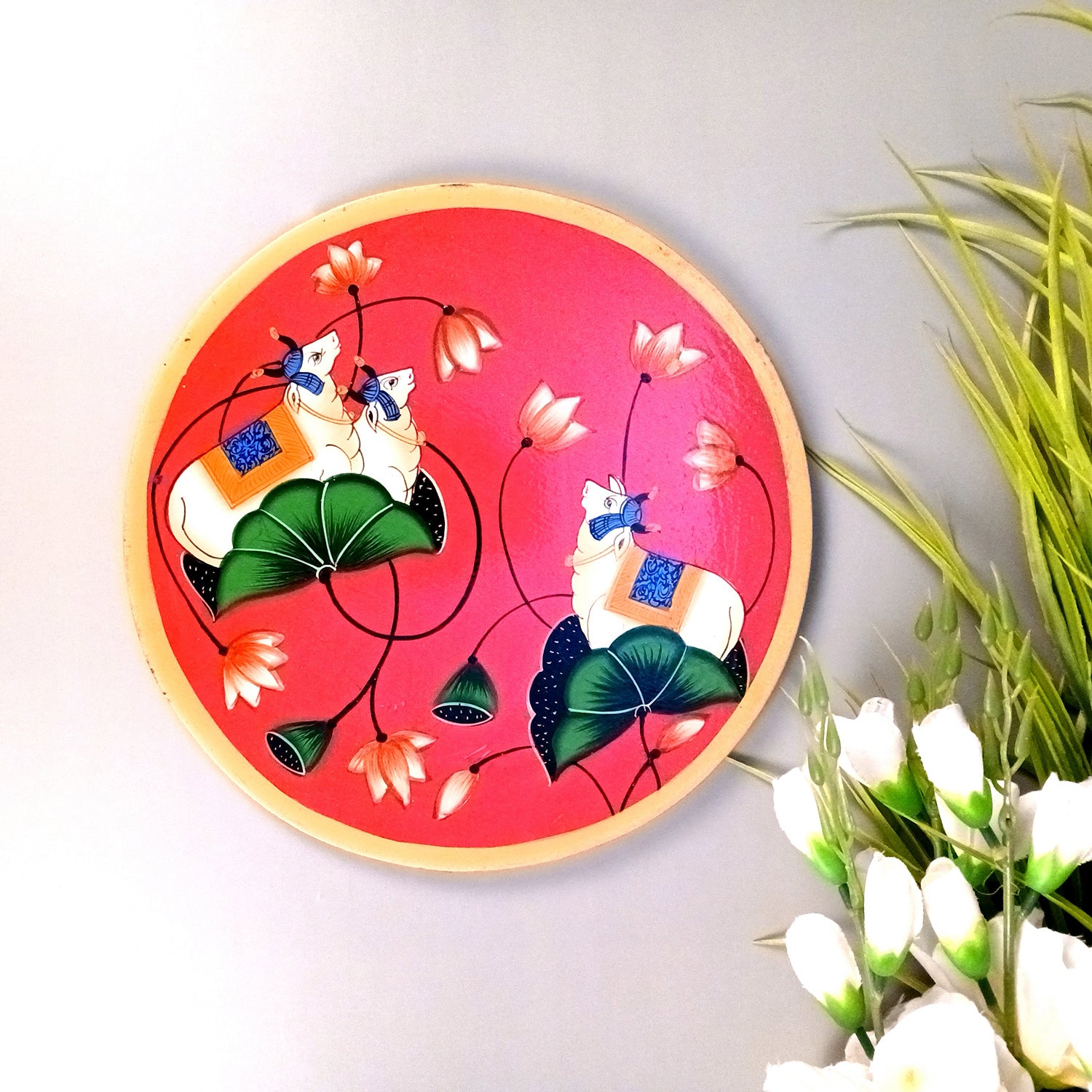 Wall Plate | Wooden Wall Hanging Plates - Pichwai Cow Wall Art - For Home Decor, Living Room, Bedroom, Office | Gift for Wedding, Housewarming, Festivals - 10 Inch - Apkamart #Colour_Red