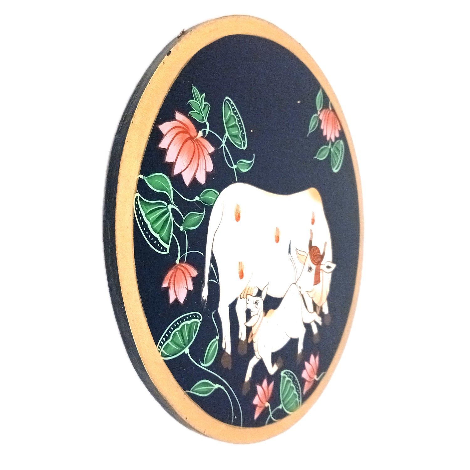 Wall Plate | Wooden Wall Hanging Plates - Pichwai Cow Wall Art - For Home Decor, Living Room, Bedroom, Office | Gift for Wedding, Housewarming - 10 Inch - Apkamart #Colour_Black
