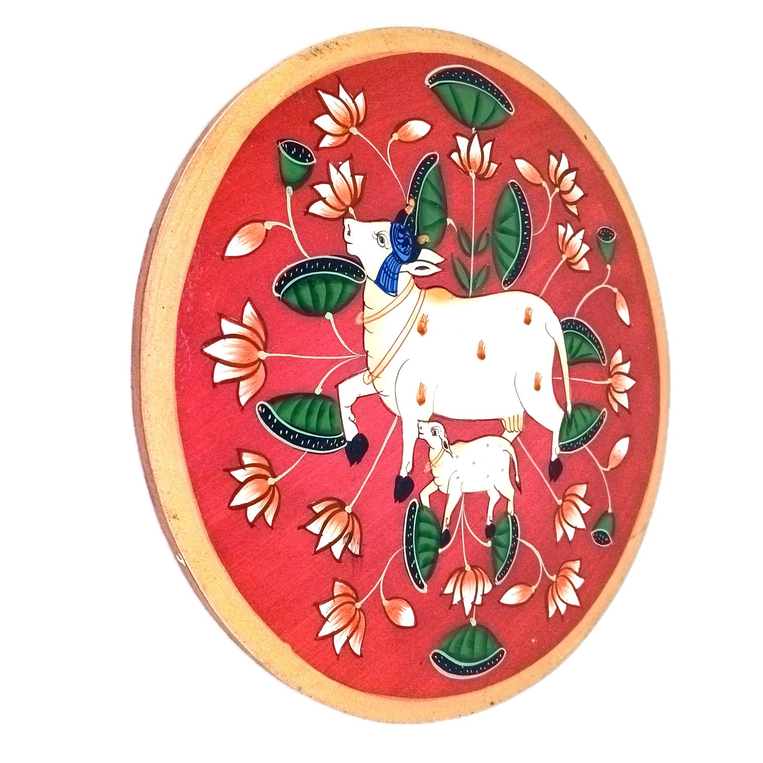 Wall Plate | Wooden Wall Hanging Plates - Pichwai Cow Wall Art - For Home Decor, Living Room, Bedroom, Office | Gift for Wedding, Housewarming & Festivals - 10 Inch - Apkamart #Colour_Red