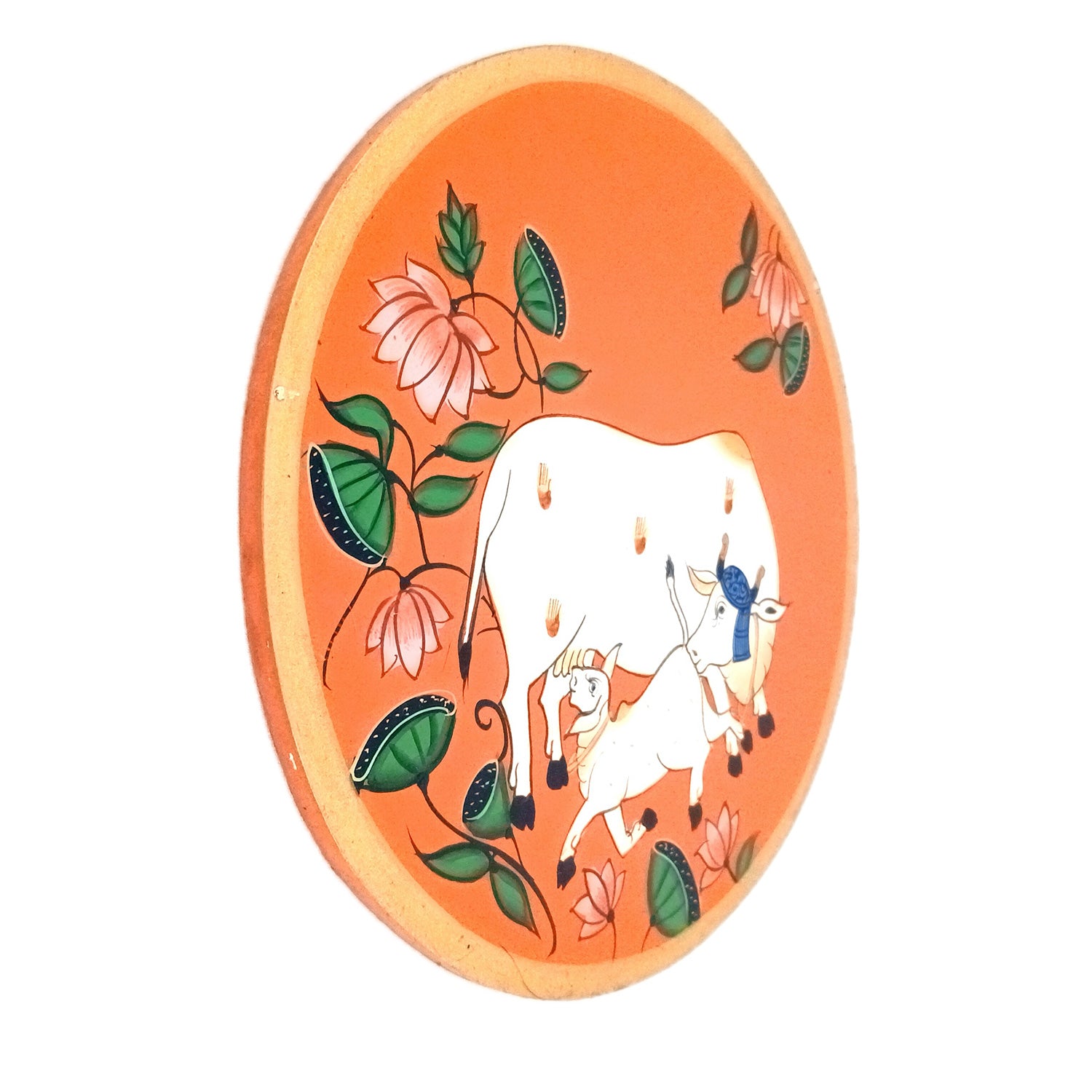 Wall Plate | Wooden Wall Hanging Plates - Pichwai Cow Wall Art - For Home Decor, Living Room, Bedroom, Office | Gift for Wedding, Housewarming - 10 Inch - Apkamart #Colour_Orange